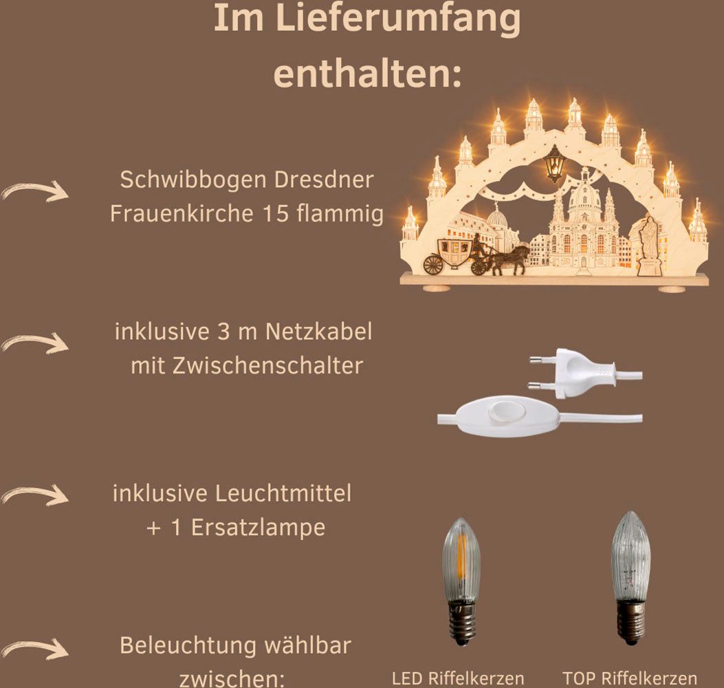 Weigla LED Schwibbogen Dresdner Frauenkirche, Holz Lichterbogen, NATUR-BRAUN, Made in Germany (1-tlg), Erzgebirge garantiert, Weihnachtsdeko Innen, Weihnachtsbeleuchtung