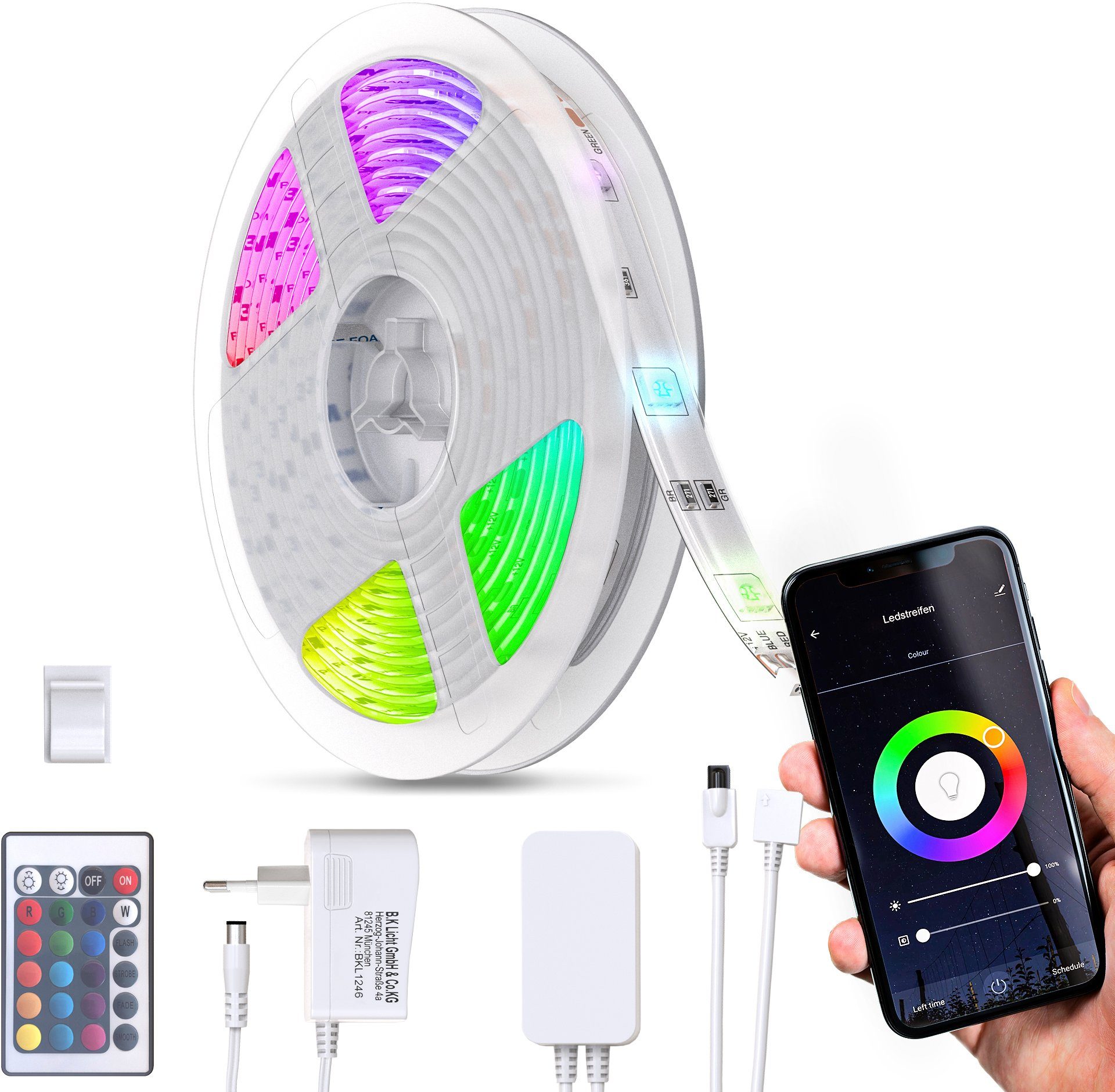 Fernbedienung, WLAN Streifen, 90-flammig, B.K.Licht LED Stripe Meter, BK_LS1246 3 Inkl. Silikonmantel, Tuya-App, LED Sprachsteuerung, Smartes Selbstklebend LED Strip,