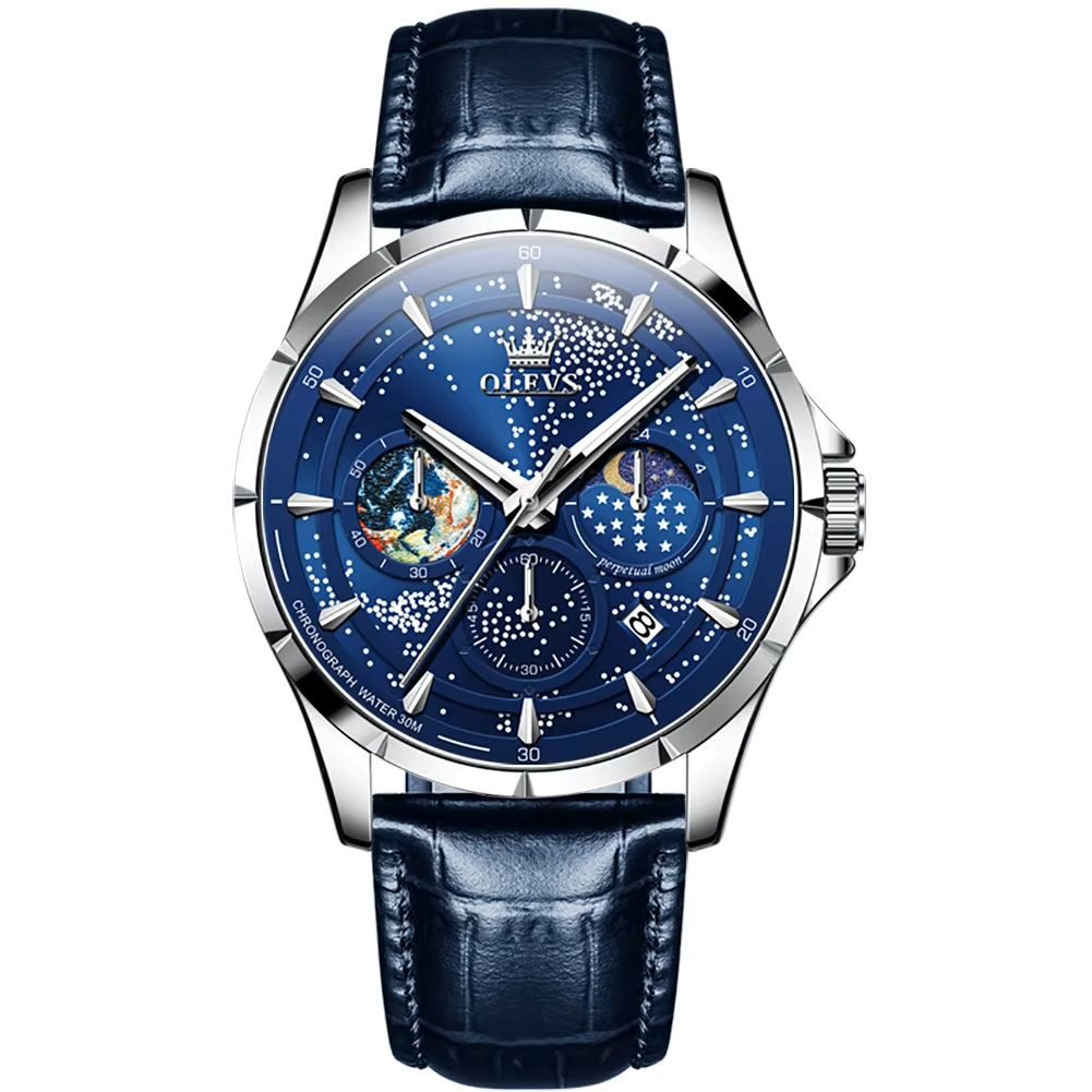 OLEVS Quarzuhr Mondphasen-Uhr für Herren Elegant Lederarmband Blau