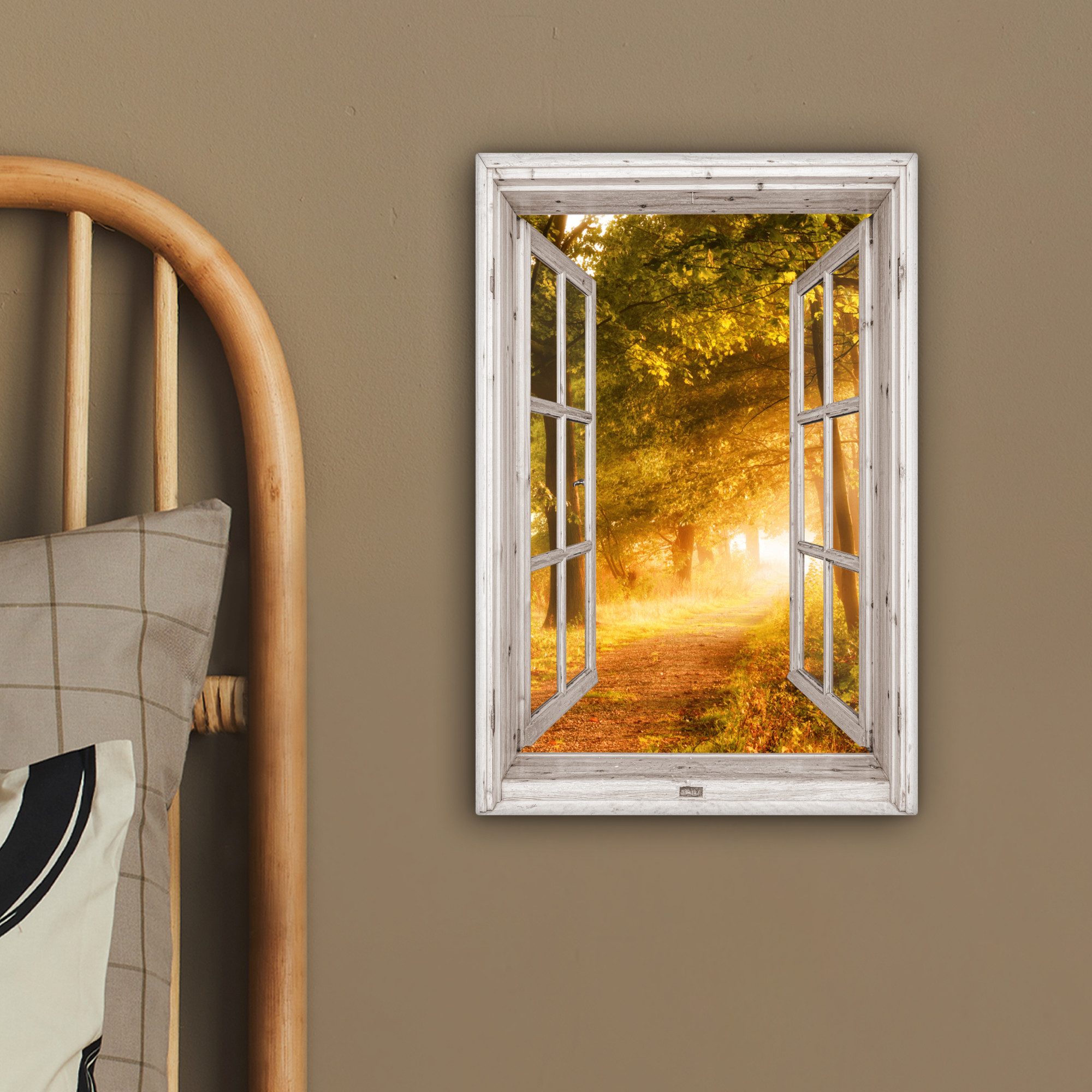 OneMillionCanvasses® Leinwandbild Wald - Bäume - Sonnenlicht - Herbst - Weg - Natur - Fensterblick, Fotodruck (1 St), Leinwand Canvas Wandbild, Wanddekoration 2 – Bild 4 von 5