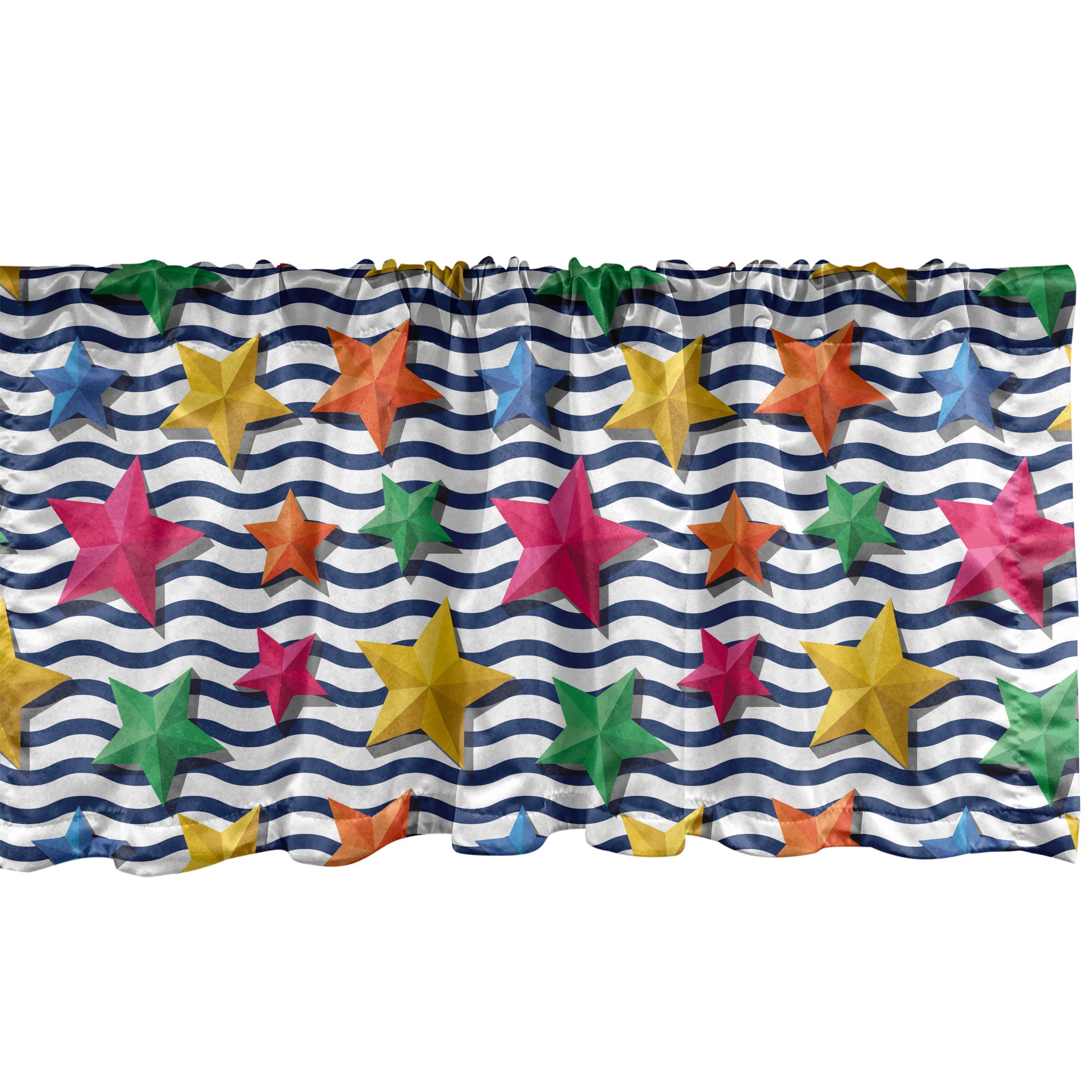 Scheibengardine Vorhang Volant für Küche Schlafzimmer Dekor mit Stangentasche, Abakuhaus, Microfaser, Nautisch 3D Sterne gewellte Streifen