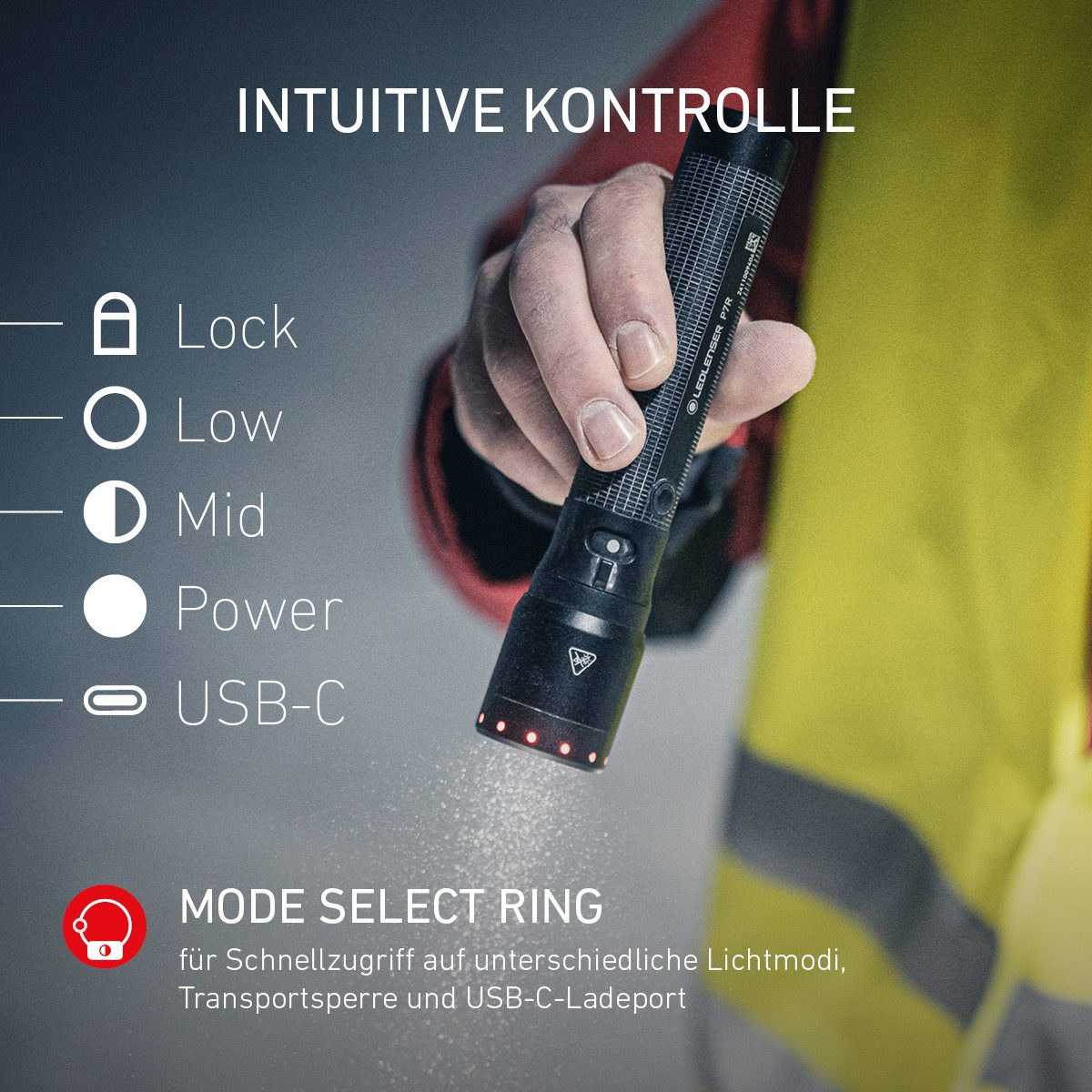 Ledlenser Taschenlampe P7R, bis 2000 Lumen, 320m Leuchtweite, IP68, 80 Std Laufzeit, USB-C