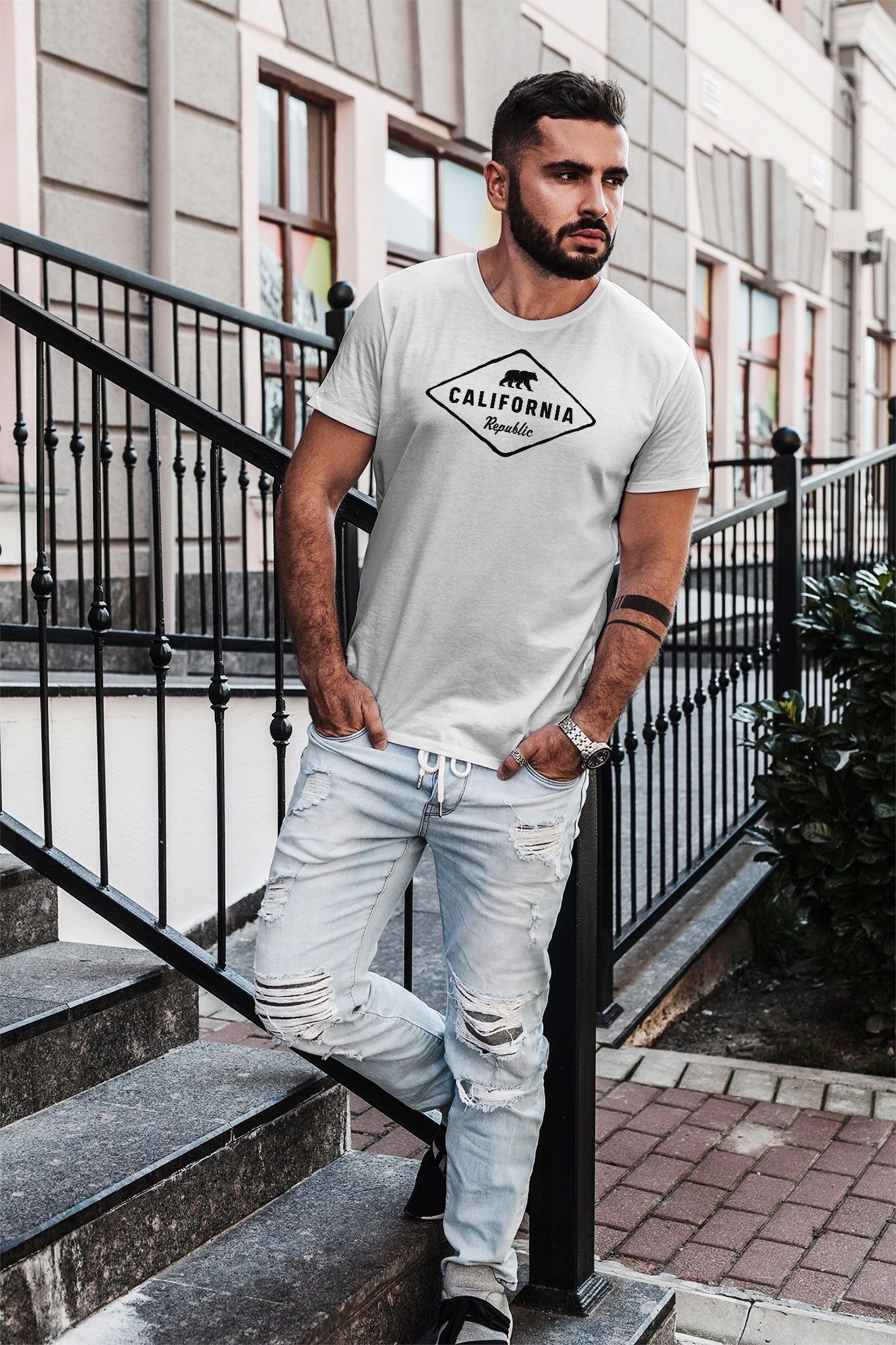 Sunshine Print-Shirt USA Badge Republic Bär Neverless Herren California Print State Neverless® T-Shirt mit Streetstyle Bear Fashion weiß