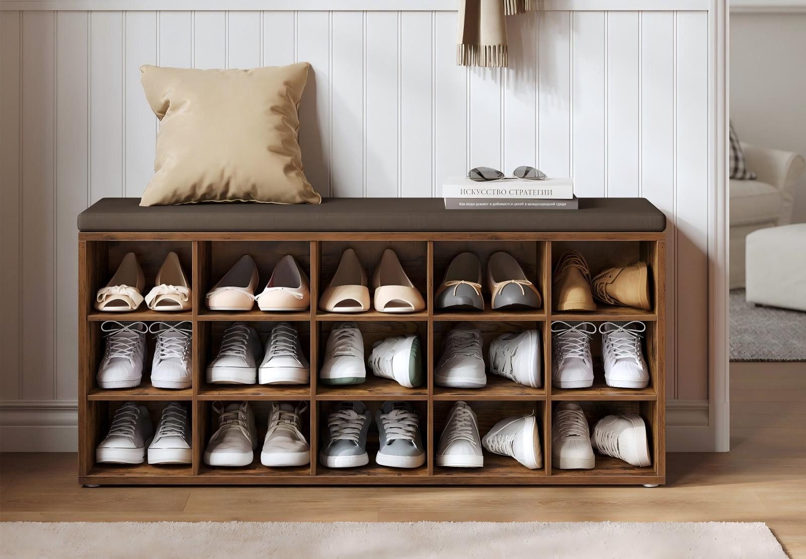 VASAGLE Schuhbank Sitzbank, Schuhregal mit Sitzfläche, mit Kissen und 15 Fächern, 105 x 30 x 48 cm