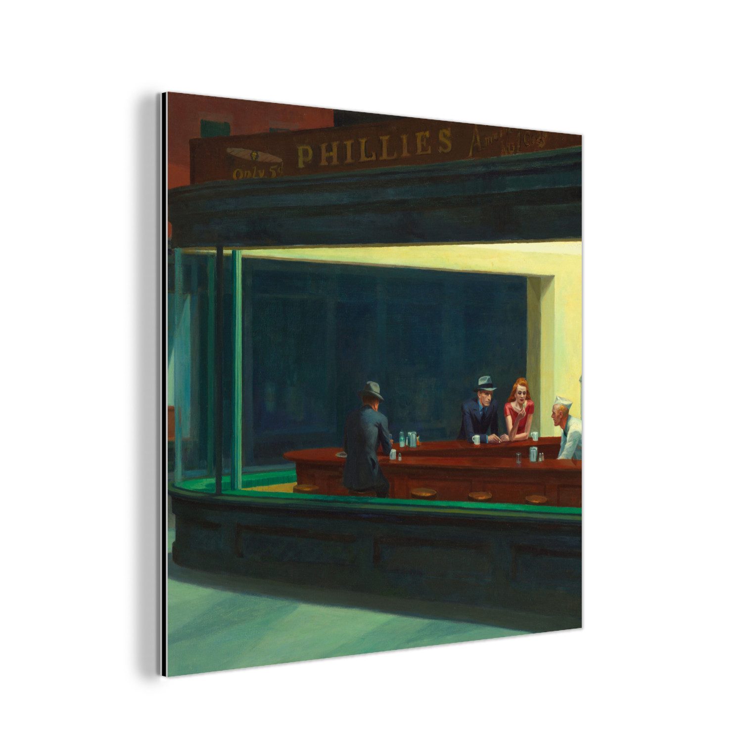 MuchoWow Metallbild Nighthawks - Edward Hopper, Inkl. Aufhängung, Alu-Dibond-Druck, Wandbild aus Metall, Aluminium deko, 20x20 cm
