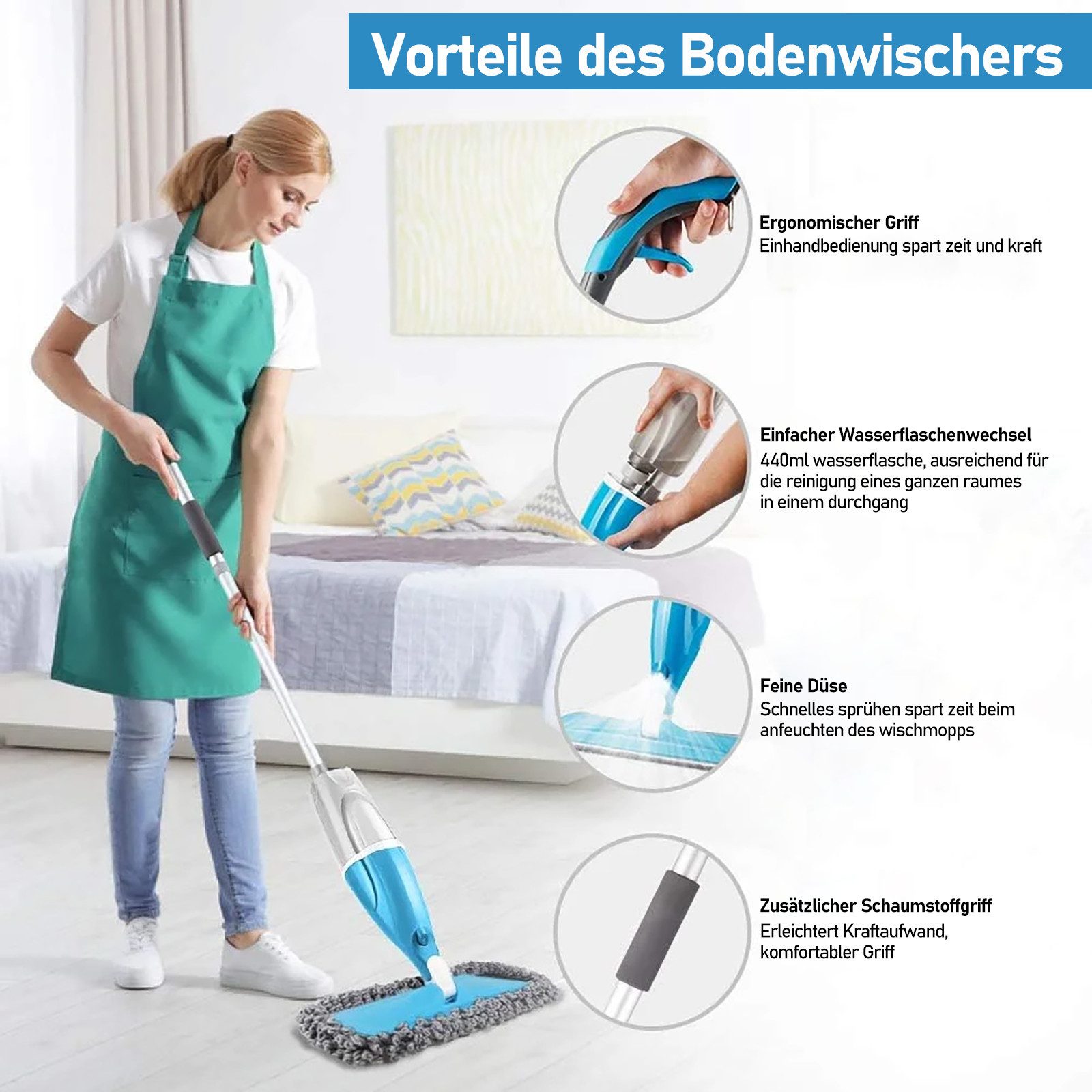 HUGERSTONE Sprühwischer Wischmopp Set mit 440ml Wassertank, Bodenwischer mit Sprühfunktion (mit 3 Waschbaren Mikrofaser Pads) Nass und Trockenwischer, 360 Grad Rotierender Wischmopp für alle Böden