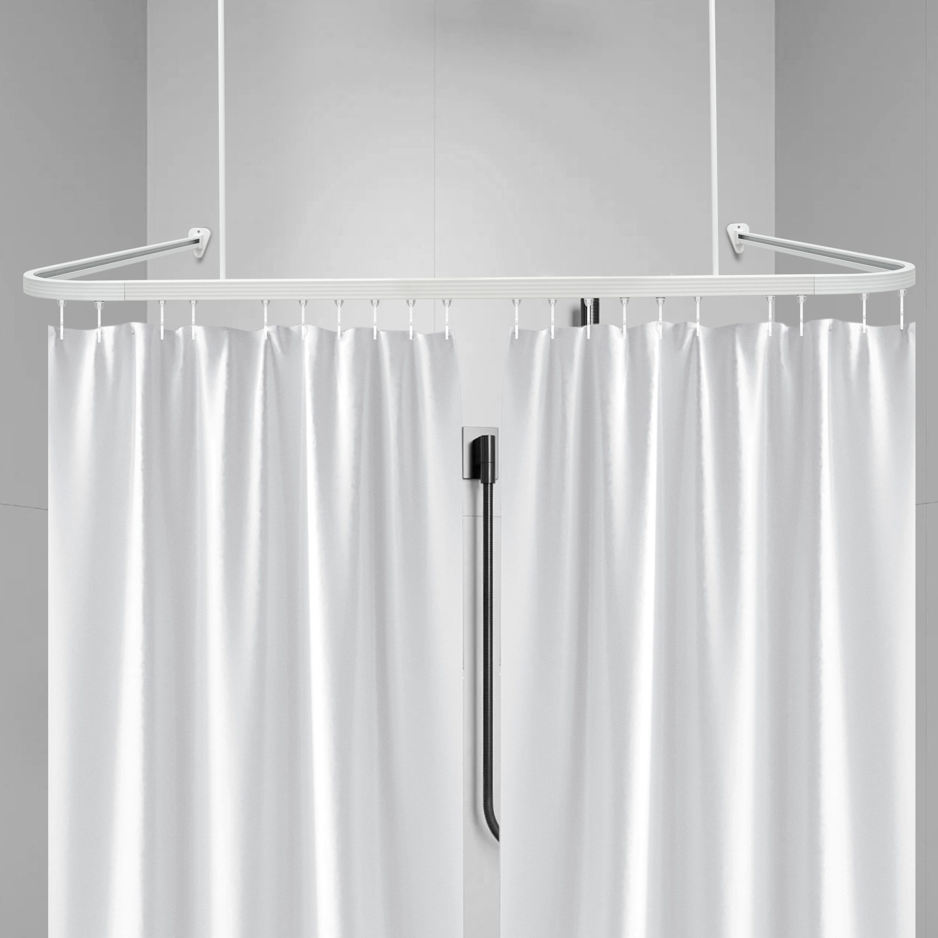 Euroshowers GmbH Duschvorhangstange Profi U-förmiges Duschstangen-Set 90 X 90 X 90cm Weiß, aus Aluminium, Wand, Schrauben, Aluminium, Inklusive Deckenhalterung 60cm,Verbindungsstücken und 24 Vorhanghaken