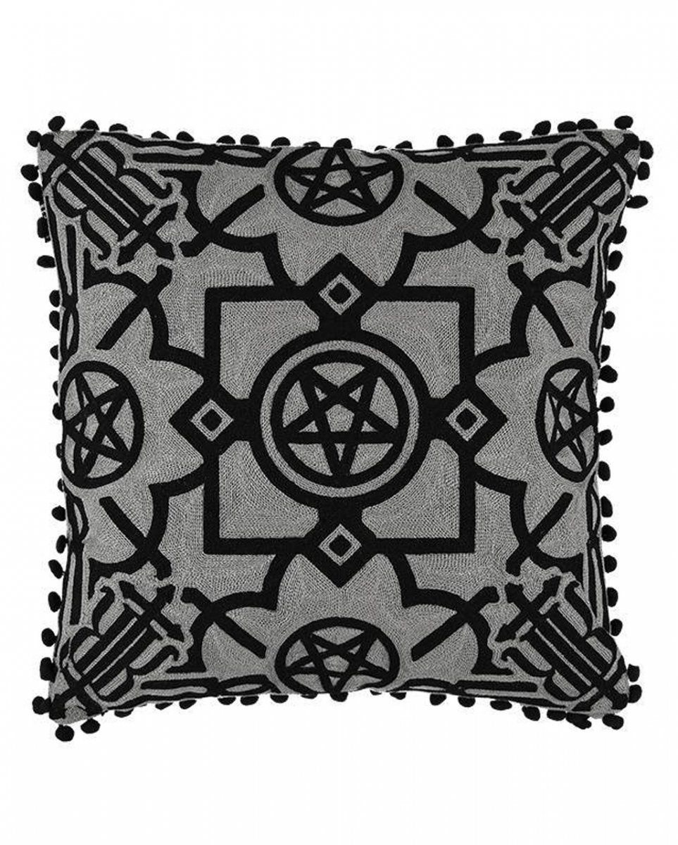Tagesdecke Grauer Kissenbezug mit schwarzer Pentagramm Sticke, Horror-Shop
