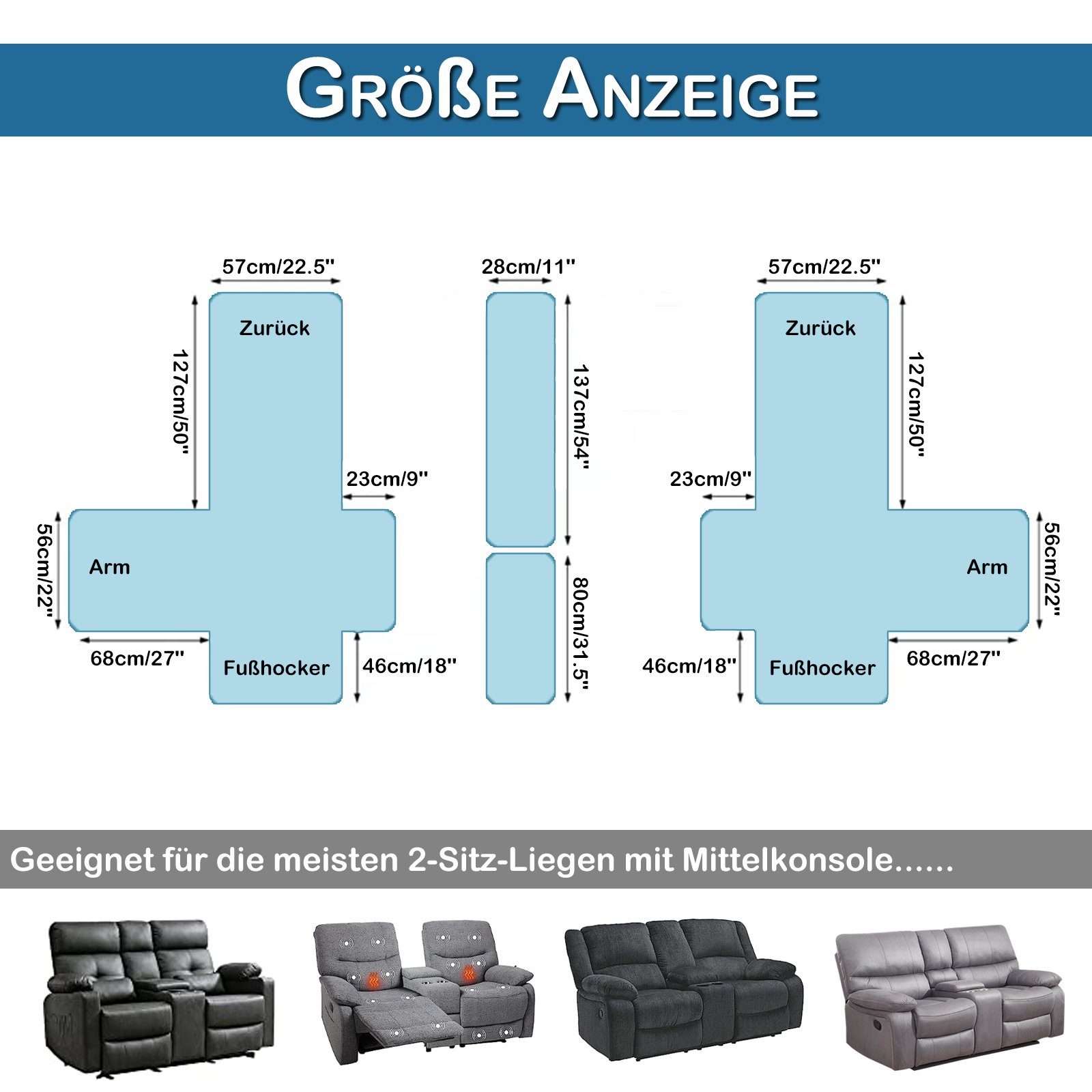 Rosnek Sofahusse Gesteppt, 4-teilig, wasserabweisend, für 2-sitzigen Liegesessel, rutschfest, mit Gummiband, mit Mittelkonsolenbezug