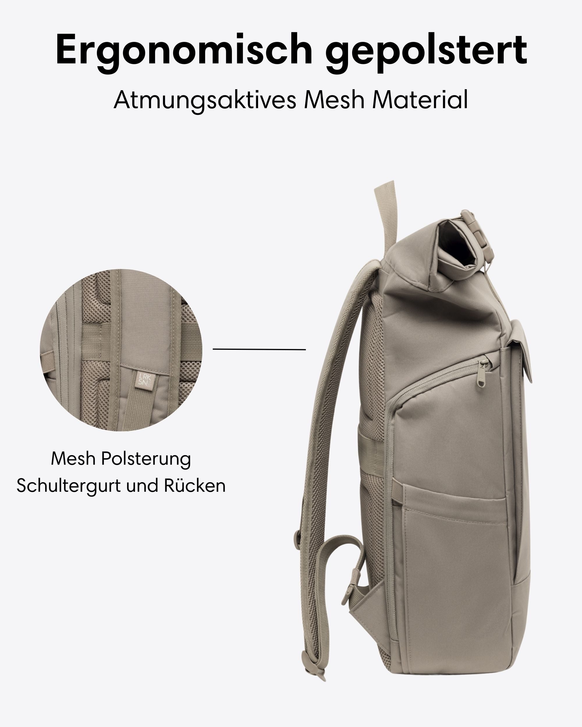 LARKSON Cityrucksack No 4 Large Rolltop Rucksack für Damen und Herren (1-tlg), Geräumiger Rolltop Rucksack für Reisen, Wasserabweisend
