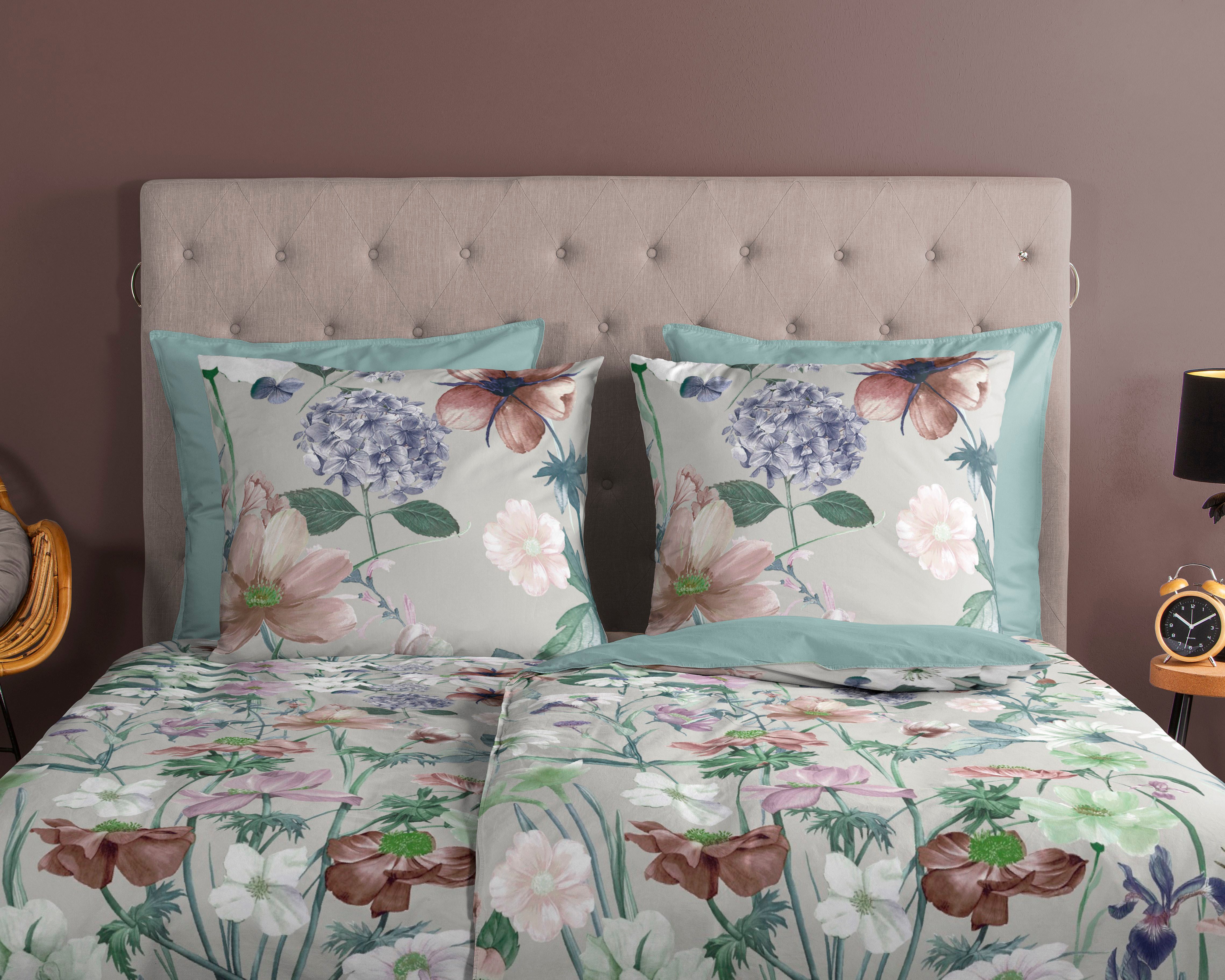 good morning Wendebettwäsche Fina Flowers, Renforcé, 2 teilig, Baumwolle, 135x200, Reißverschluss, Wendeoptik, Blumen, Grau, Grün