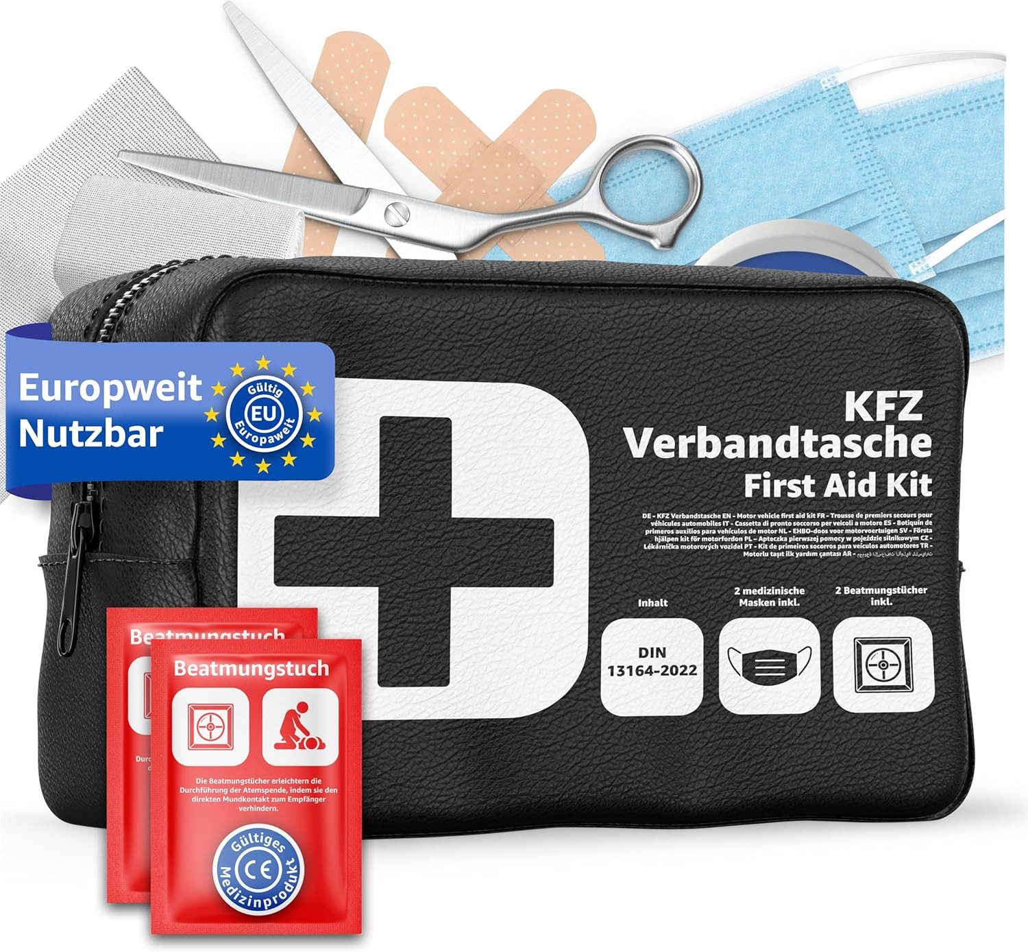 KFZ-Verbandtasche Verbandstasche Norm 2025 - KFZ mit Beatmungstücher - DIN13164:2022