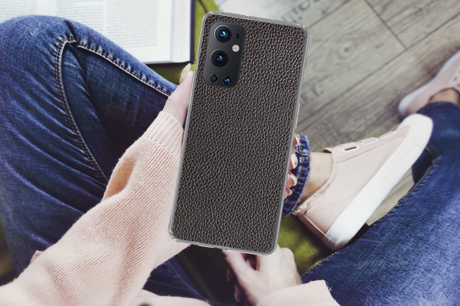 MuchoWow Handyhülle für OnePlus 9 Pro Leder - Lederoptik - Schwarz - Hell, Phone Case, Silikon, Schutzhülle Dünn