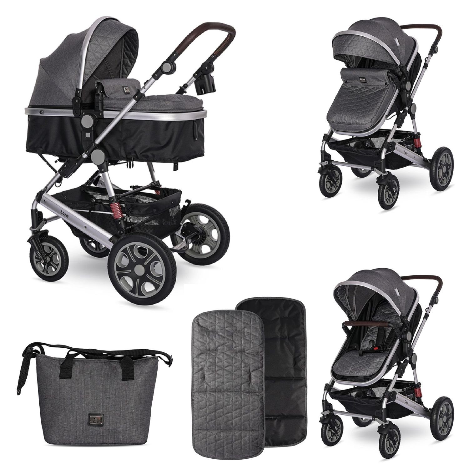 Lorelli Kombi-Kinderwagen Kinderwagen Lora, faltbar Gummiräder Tragetasche Sportsitz Fußabdeckung grau/schwarz