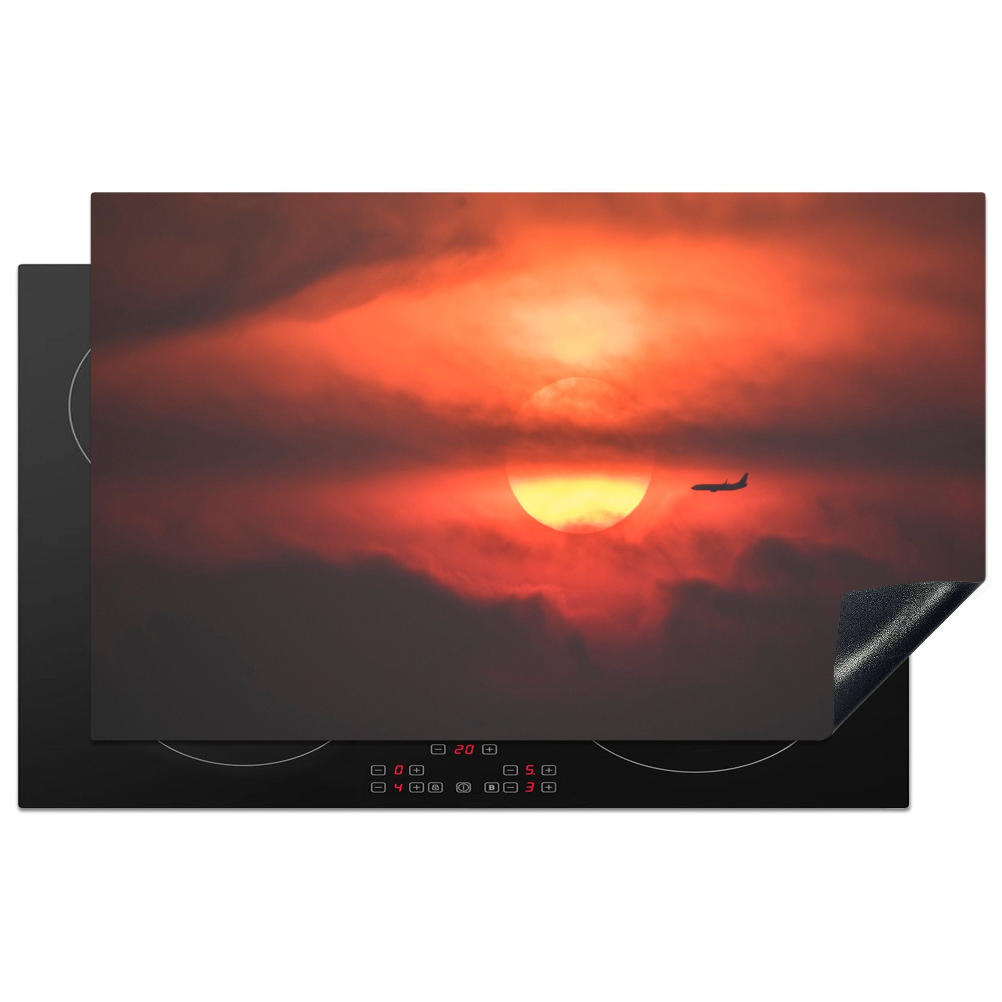 MuchoWow Herdblende-/Abdeckplatte Sonnenuntergang mit Silhouette eines Flugzeugs, Vinyl, (1 tlg), 83x51 cm, Ceranfeldabdeckung, Arbeitsplatte für küche