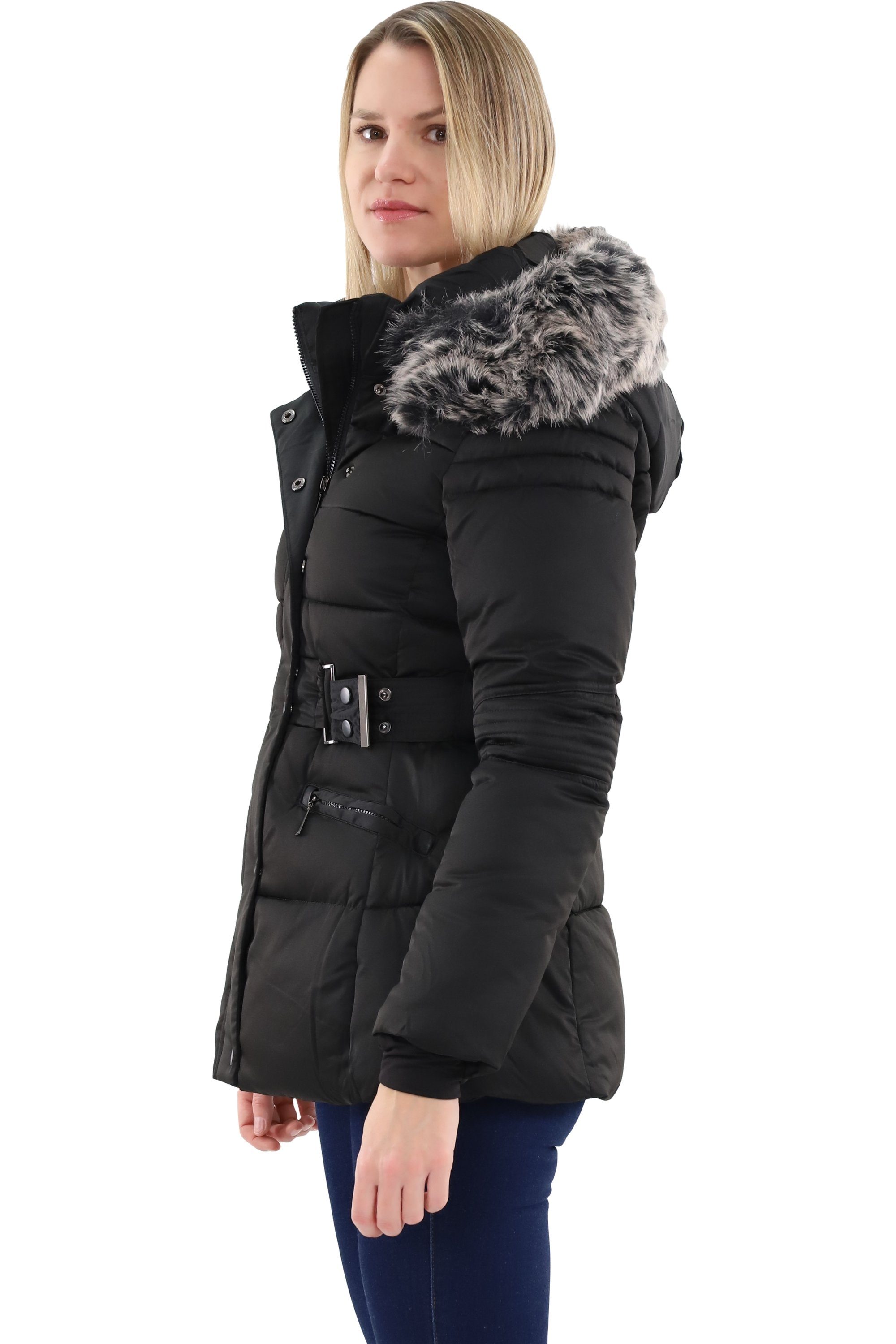malito more than fashion Steppjacke malito Damen Steppmantel, taillierte Winterjacke, Jacke mit Kapuze figurbetonte gefütterte Winterjacke mit Kunstfell Kapuze