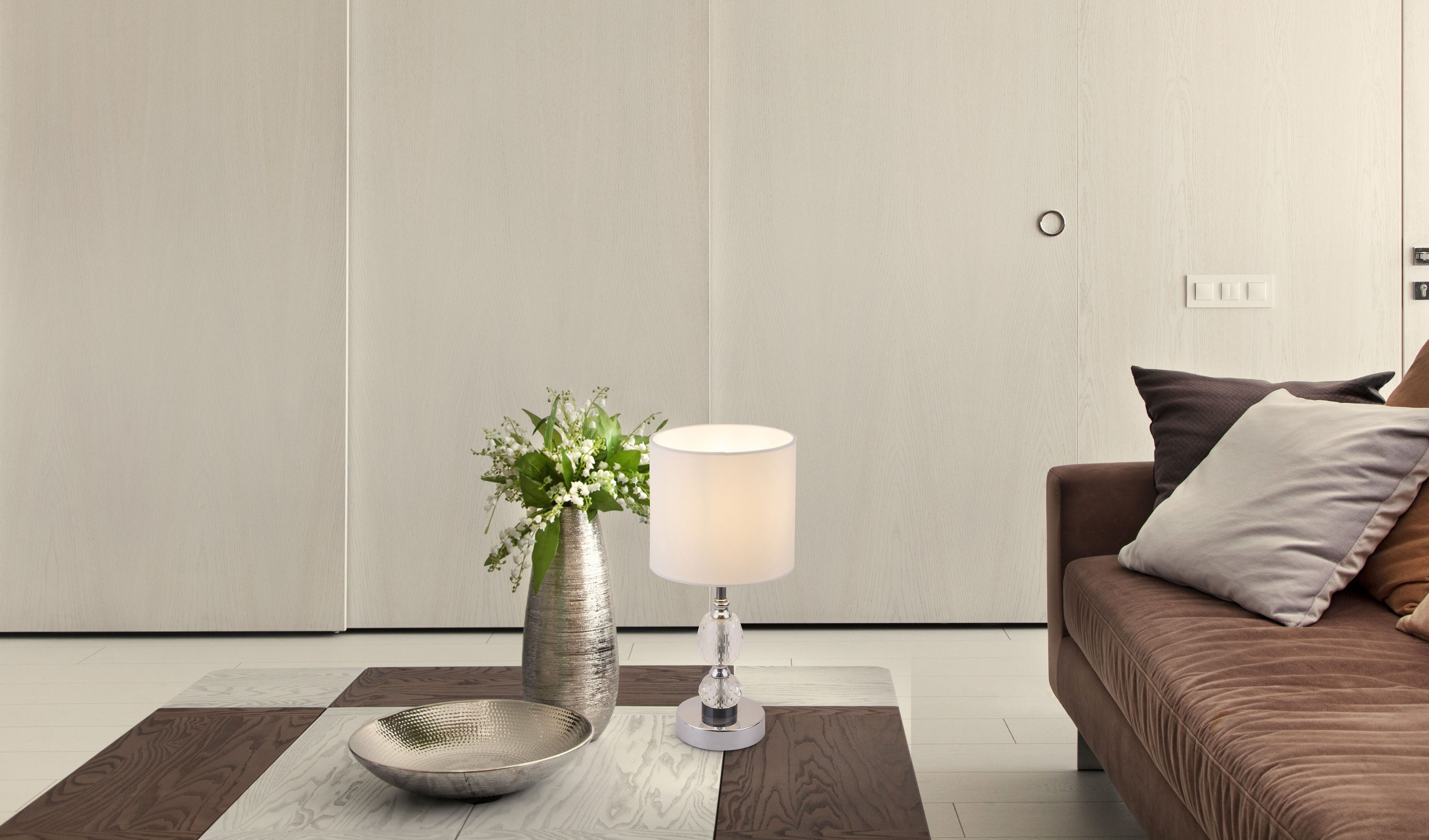 GLOBO LIGHTING Tischleuchte BRONN, Leuchtmittel wechselbar, Verchromte Tischleuchte mit Textil- und Kristallglas