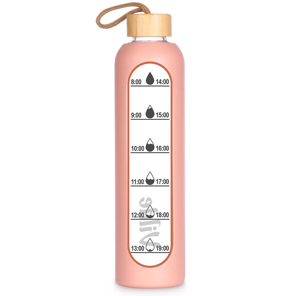Vilde Trinkflasche 1L lachsfarben mit Bambusdeckel aus Borosilikatglas, mit Zeitskala, bruchfest, auslaufsicher