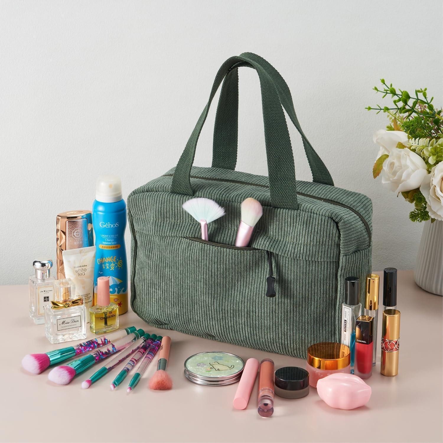 LuxusKollektion Kosmetiktasche Große Cord Kosmetiktasche Damen Reise Make-up Tasche Grün