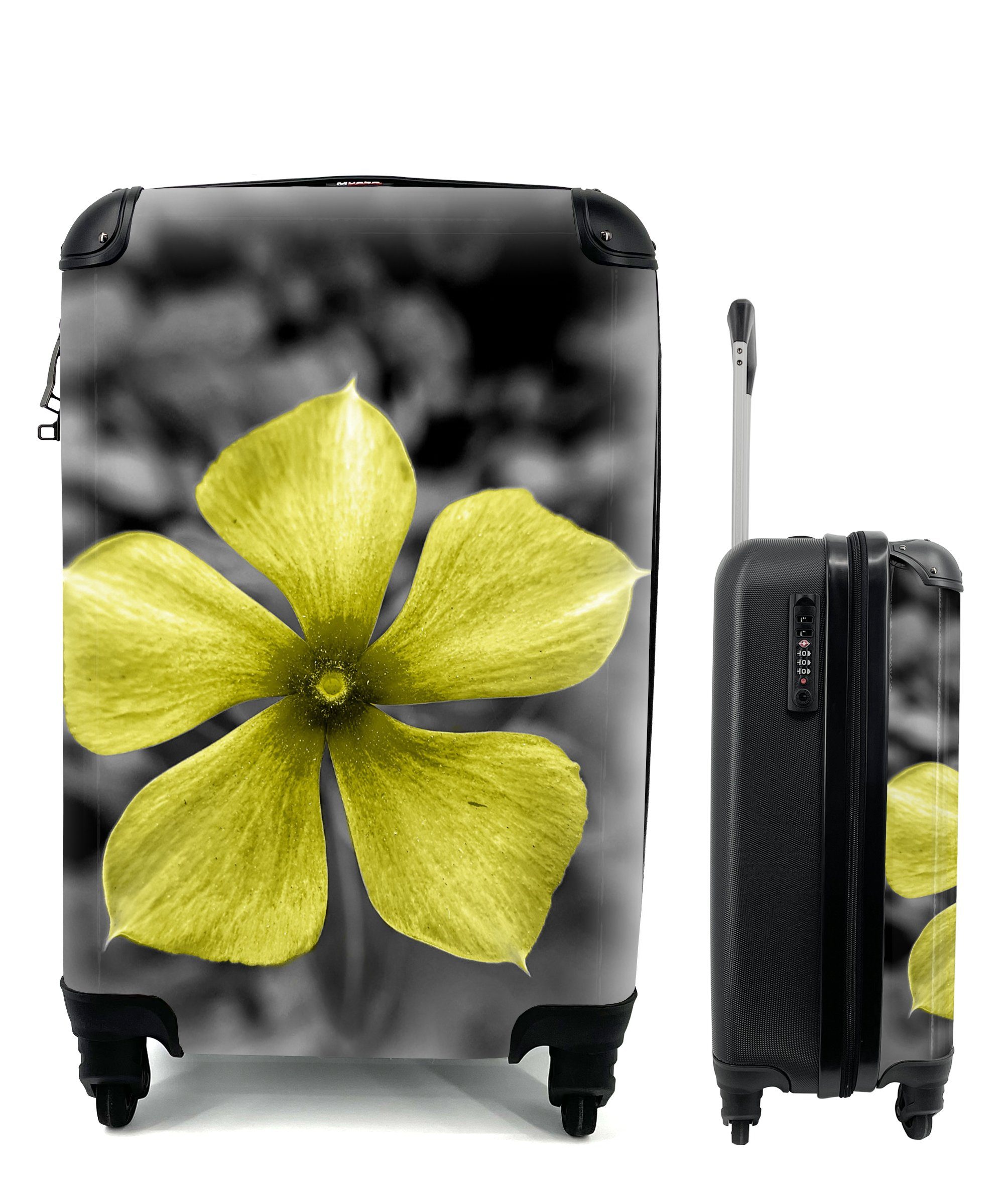 MuchoWow Handgepäckkoffer Blumen - Gelb - Schwarz - Weiß, 4 Rollen, Reisetasche mit rollen, Handgepäck für Ferien, Trolley, Reisekoffer