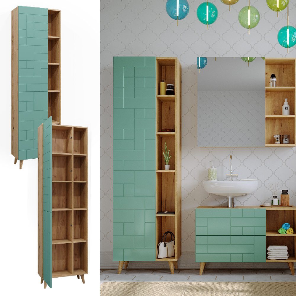 Vicco Hochschrank Rudi, Mintgrün/Eiche, 56 x 193 cm mit Türen, und offenen Fächern (1-St)