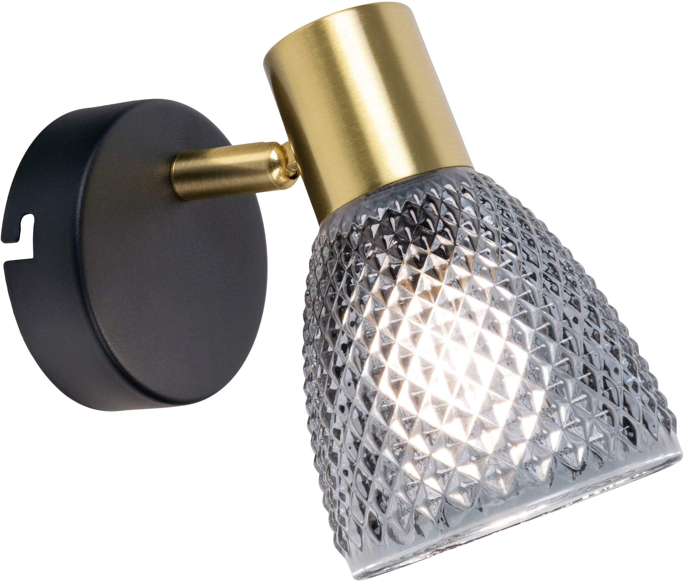 näve Wandleuchte Lindita, ohne Leuchtmittel, 1er Spot, Relief-Glasschirm smokey, Gestell messing matt, 1x E14 exkl.