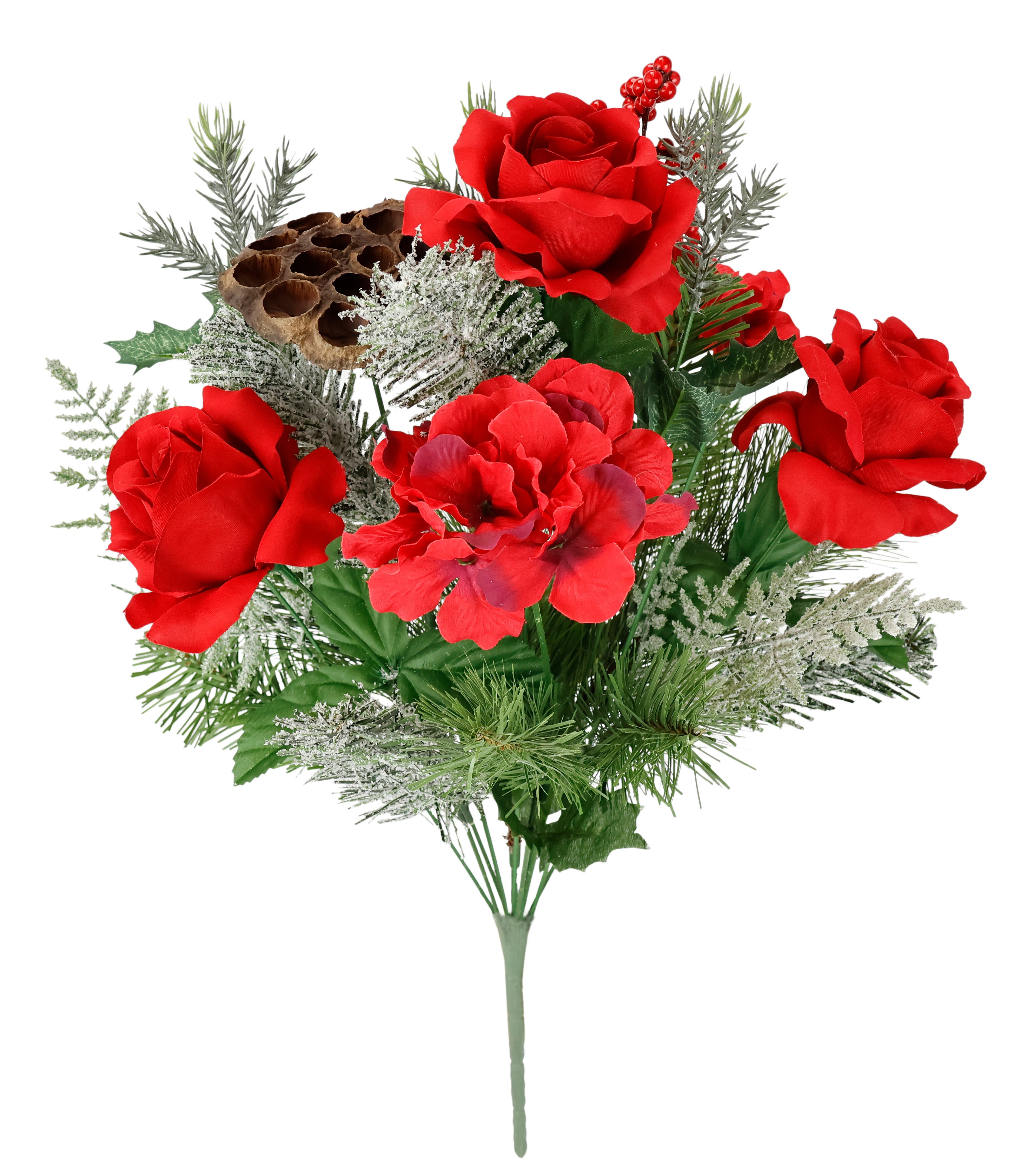 Kunstblumenstrauß Bouquet Rosen/Hortensien Christstern, I.GE.A., Höhe 53 cm, Tannenzweige Lotus Weihnachtsdeko Weihnachtsblume Sträuße Dekoblumen