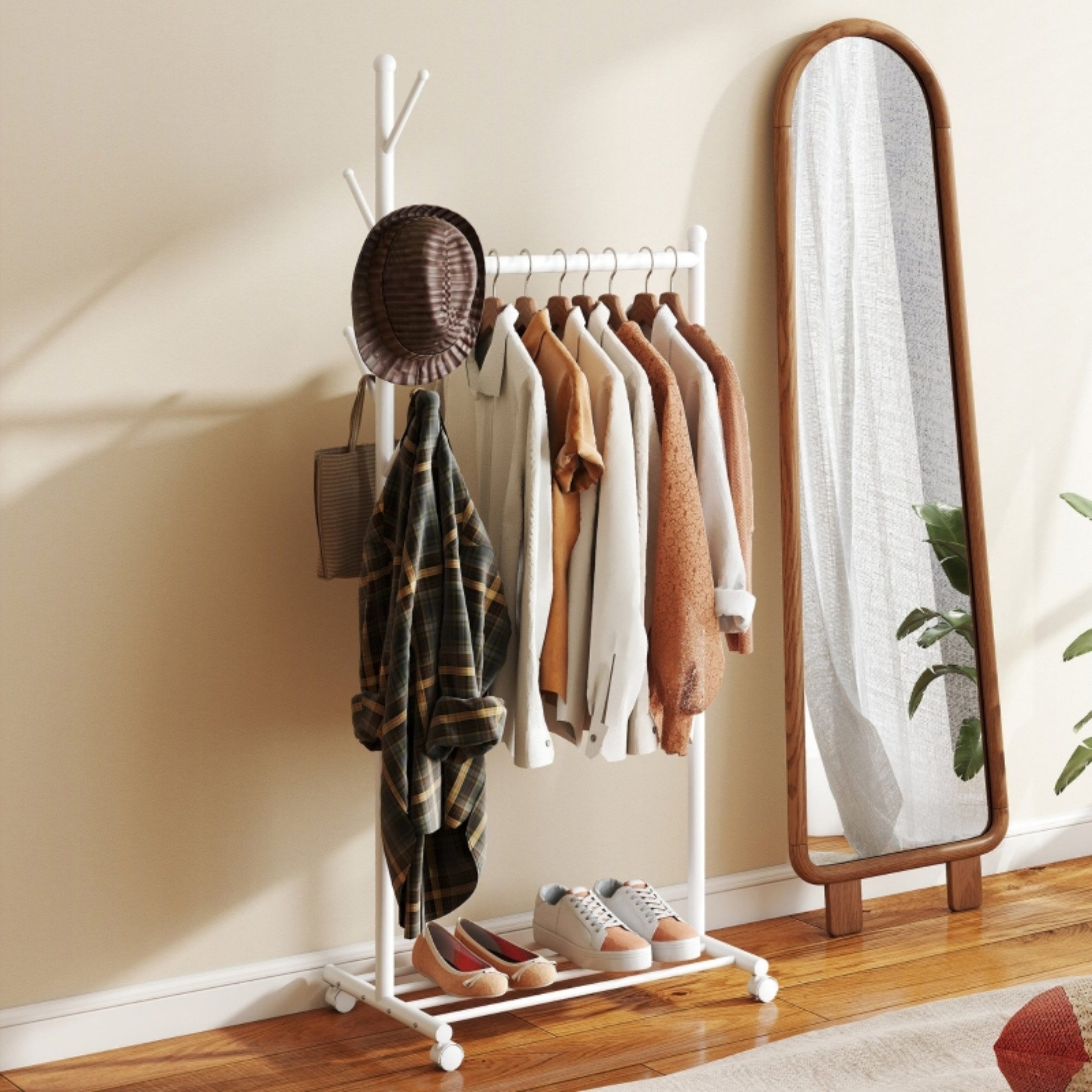 autolock Kleiderständer Kleiderständer mit Rolle, mobiler Garderobenständer mit Kleiderstange, 5 Haken, Schuhregal Weiß