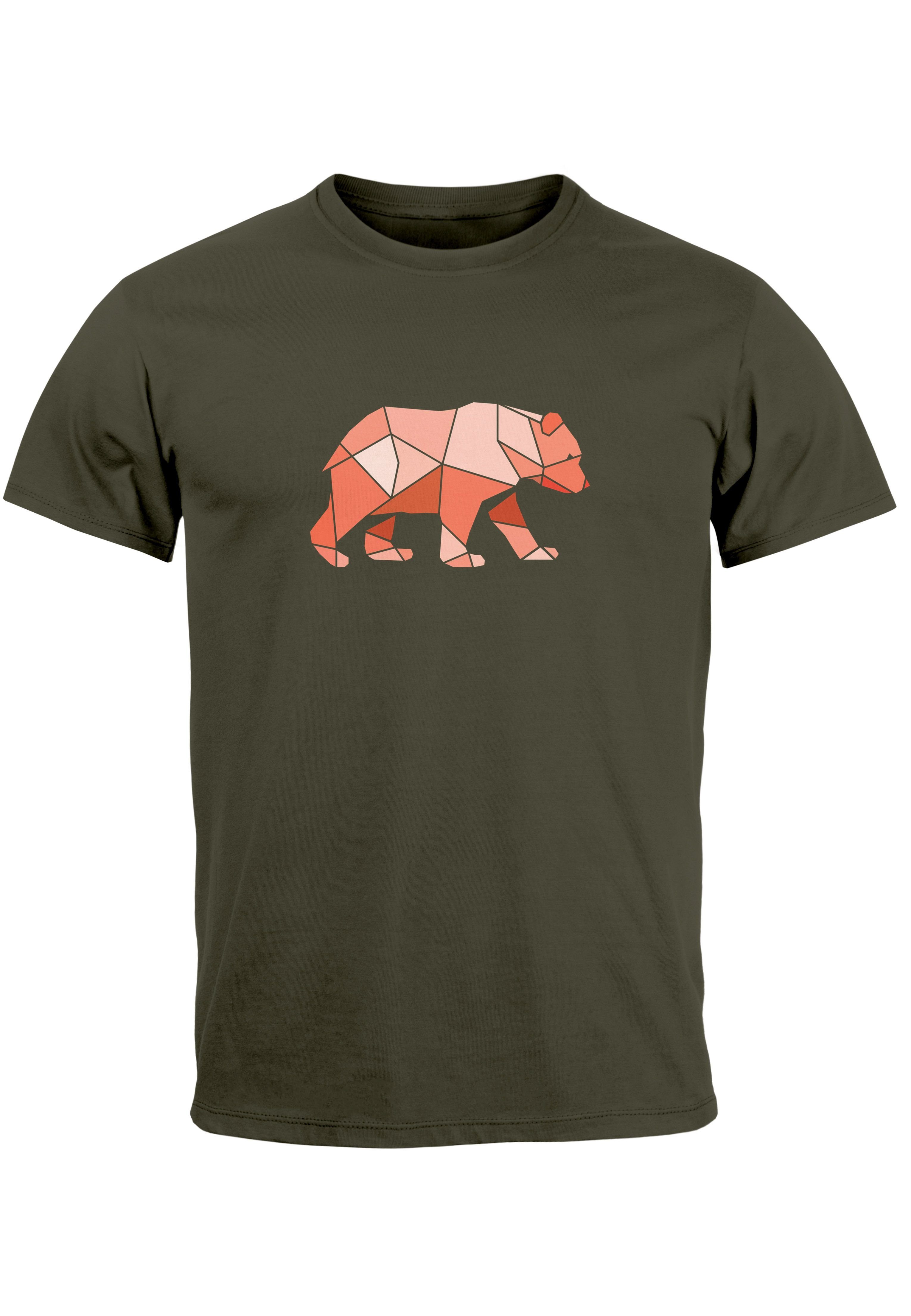 Neverless Print-Shirt Herren T-Shirt Polygon Grafik Bär Outdoor Motive Printshirt Natur Fash mit Print army