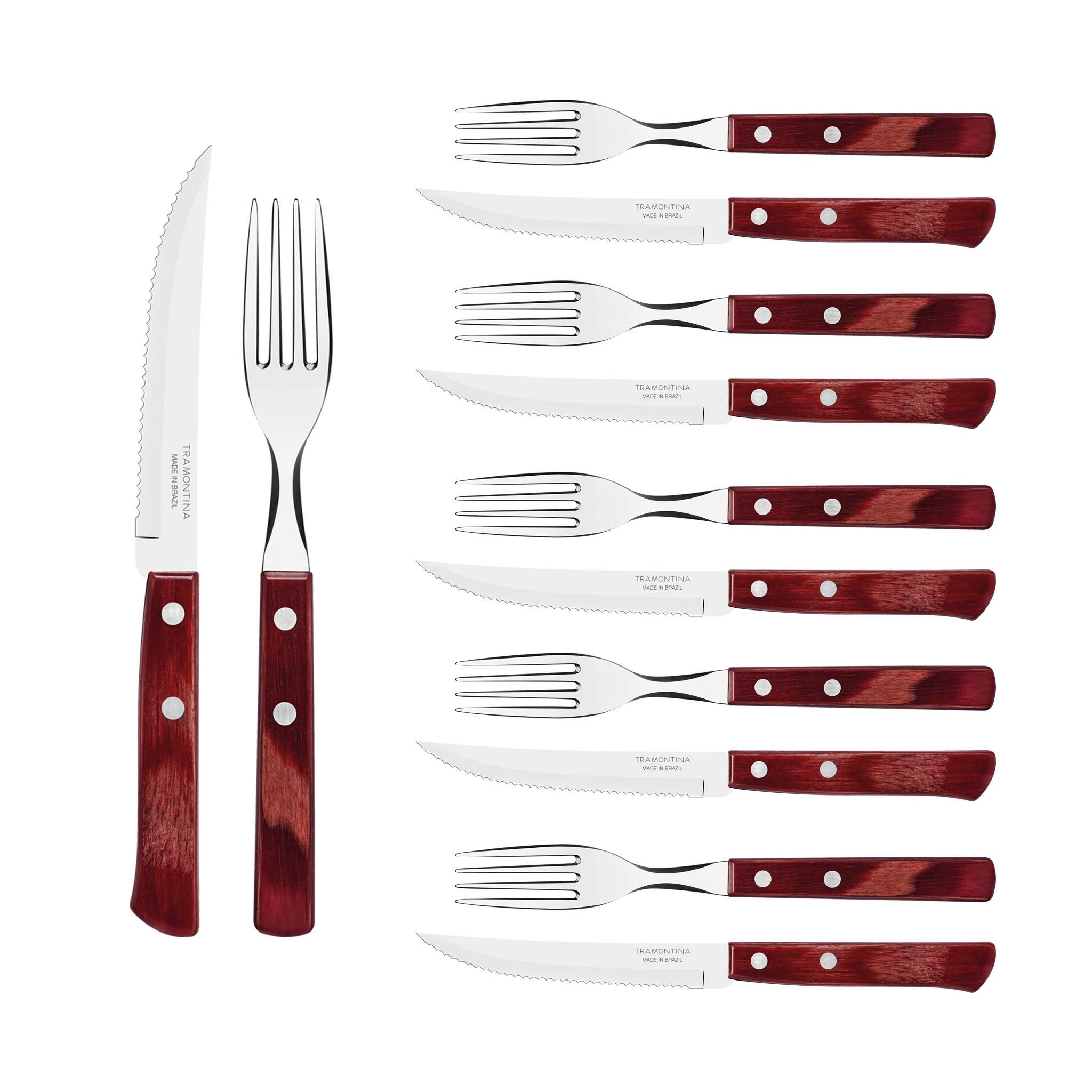 Tramontina Steakbesteck Pizzabesteck, 12-tlg. Set - mit FSC Holzgriff (12-tlg), 6 Personen, Edelstahl, scharfe Klinge, FSC Echtholzgriffe, spülmaschinenfest