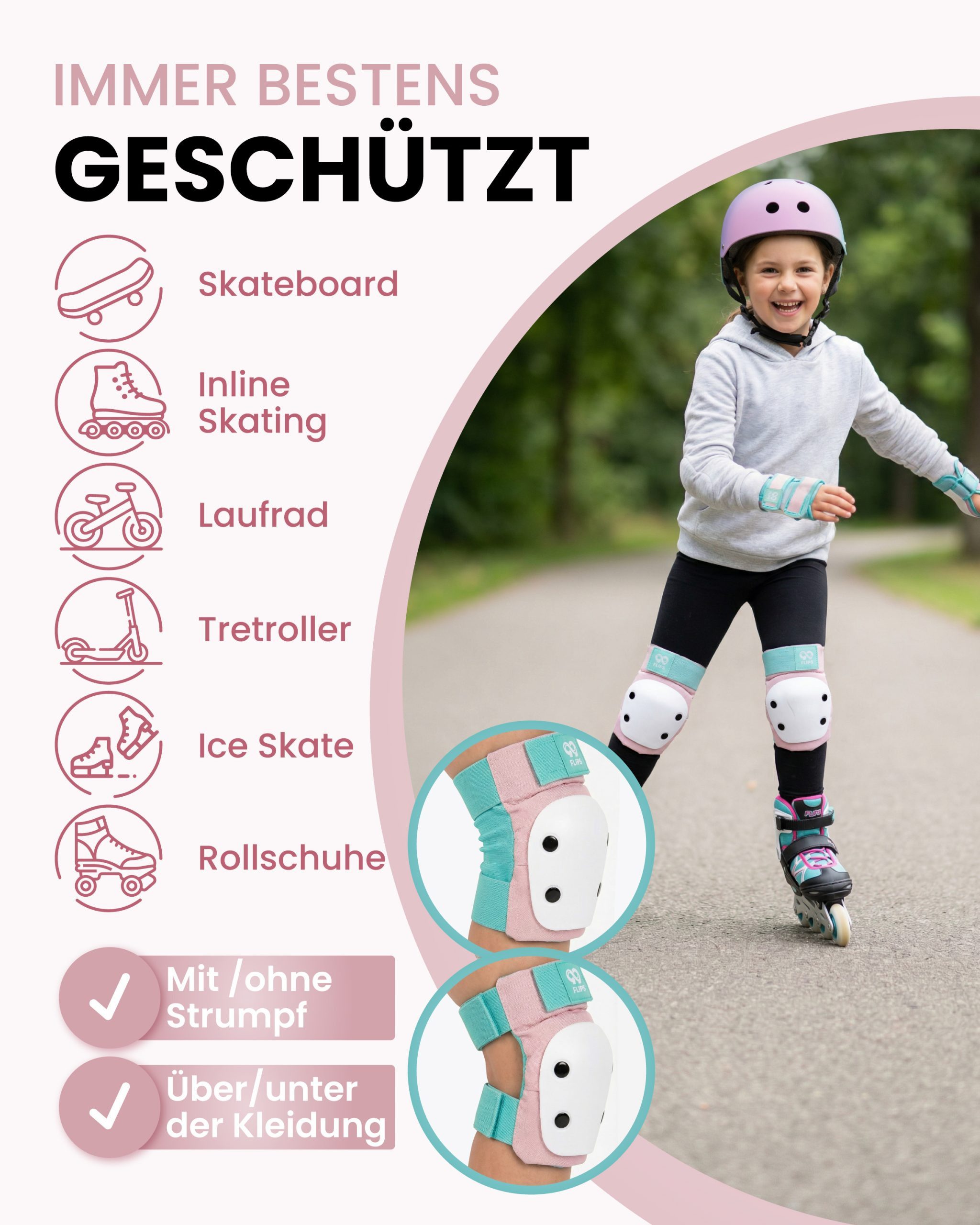99FLIPS Protektoren-Set 3-12 Jahre Protektoren Mädchen mit Ellenbogenschoner Knieschützer (Knieschoner Set Kinder, 6-tlg., Schützer Set Kinder Knieschoner Handg – Bild 4 von 5