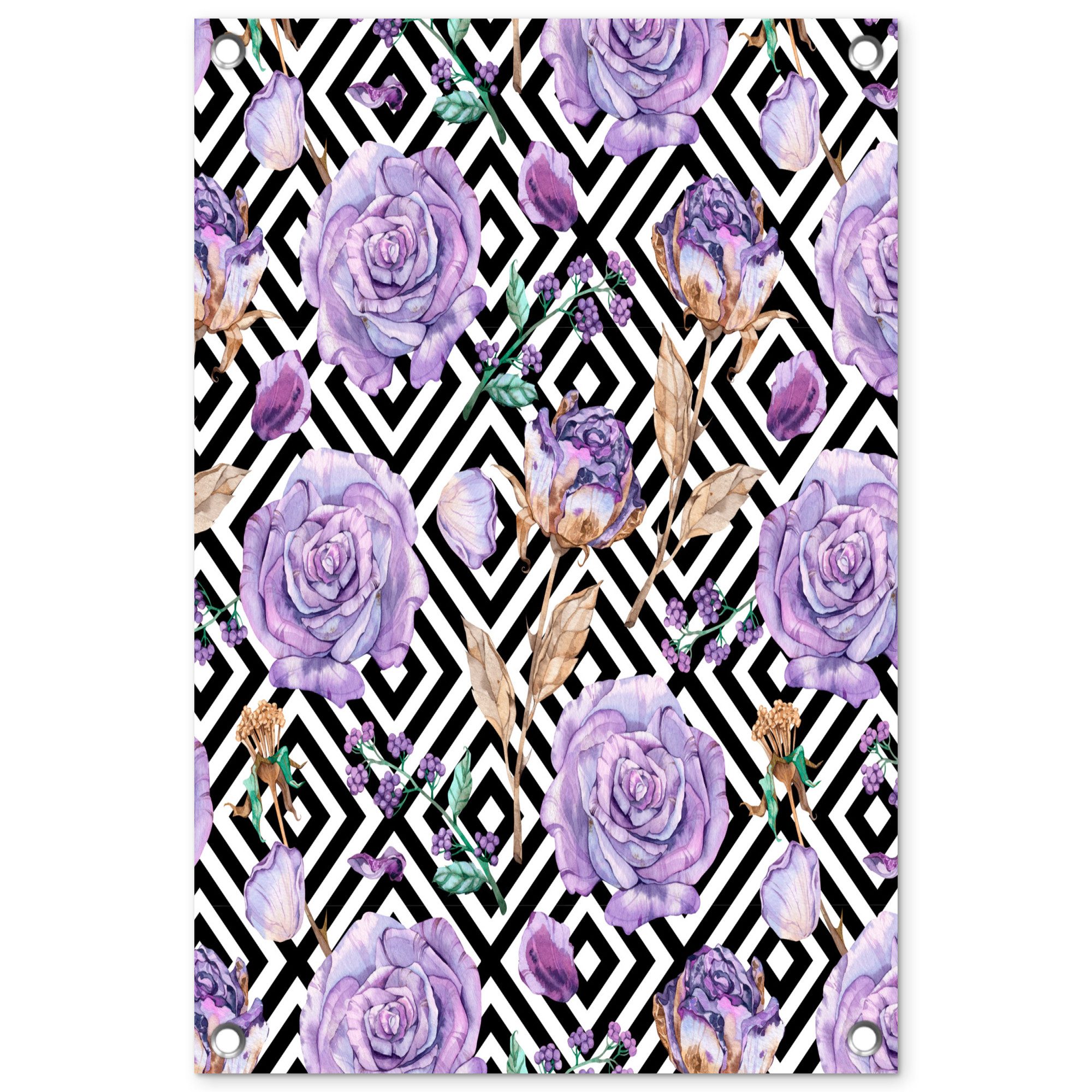 OnlyWow Poster für Garten Blumen - Rosen - Lila, Gartenposter, Outdoor Bilder, Terrasendeko Banner, 40x60 cm