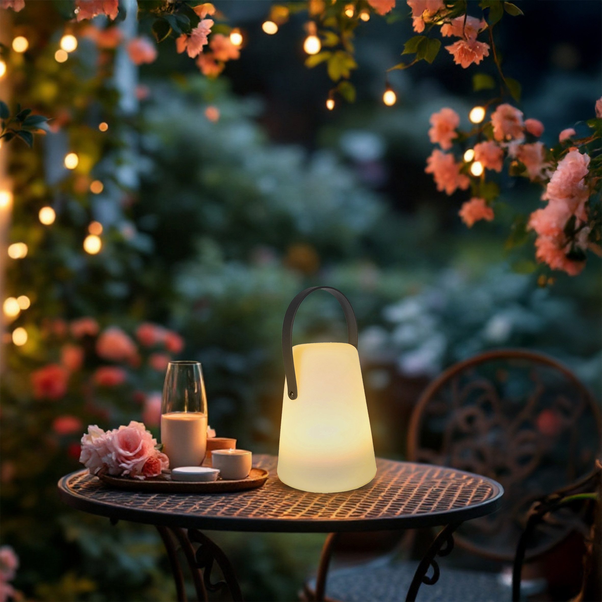 Spetebo Außen-Tischleuchte LED Tischlampe mit Lederband konisch rund, mit Timer, LED fest integriert, warm weiß, Gartenlampe