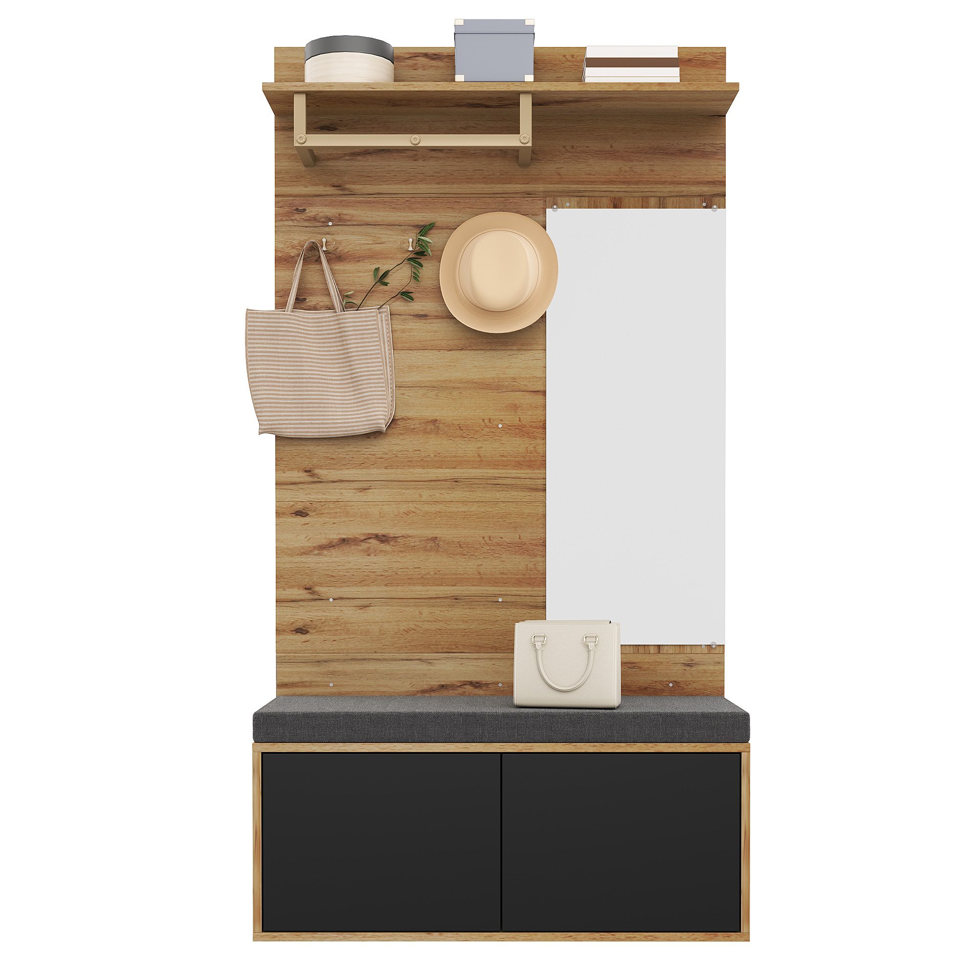 Refined Living Garderoben-Set Garderobenset mit Schuhschrank, Spiegel & Sitzbank, Flurgarderobe, (100x190x38 cm, Kompaktgarderobe mit Schuhschrank, Kleiderhaken, Soft-Close-Türen & Holz-Schwarz Design, Dielengarderobe, Garderobenmöbel, Platzsparende Garderobe, Schuhregal mit Sitz, Flurmöbel modern, 1-St., Multifunktionales Stauraum,Hochwertige Verarbeitung,mit Polsterkissen), für Flur,Eingangsbereich,Schlafzimmer,Wohnung,Wohnzimmer,Familien