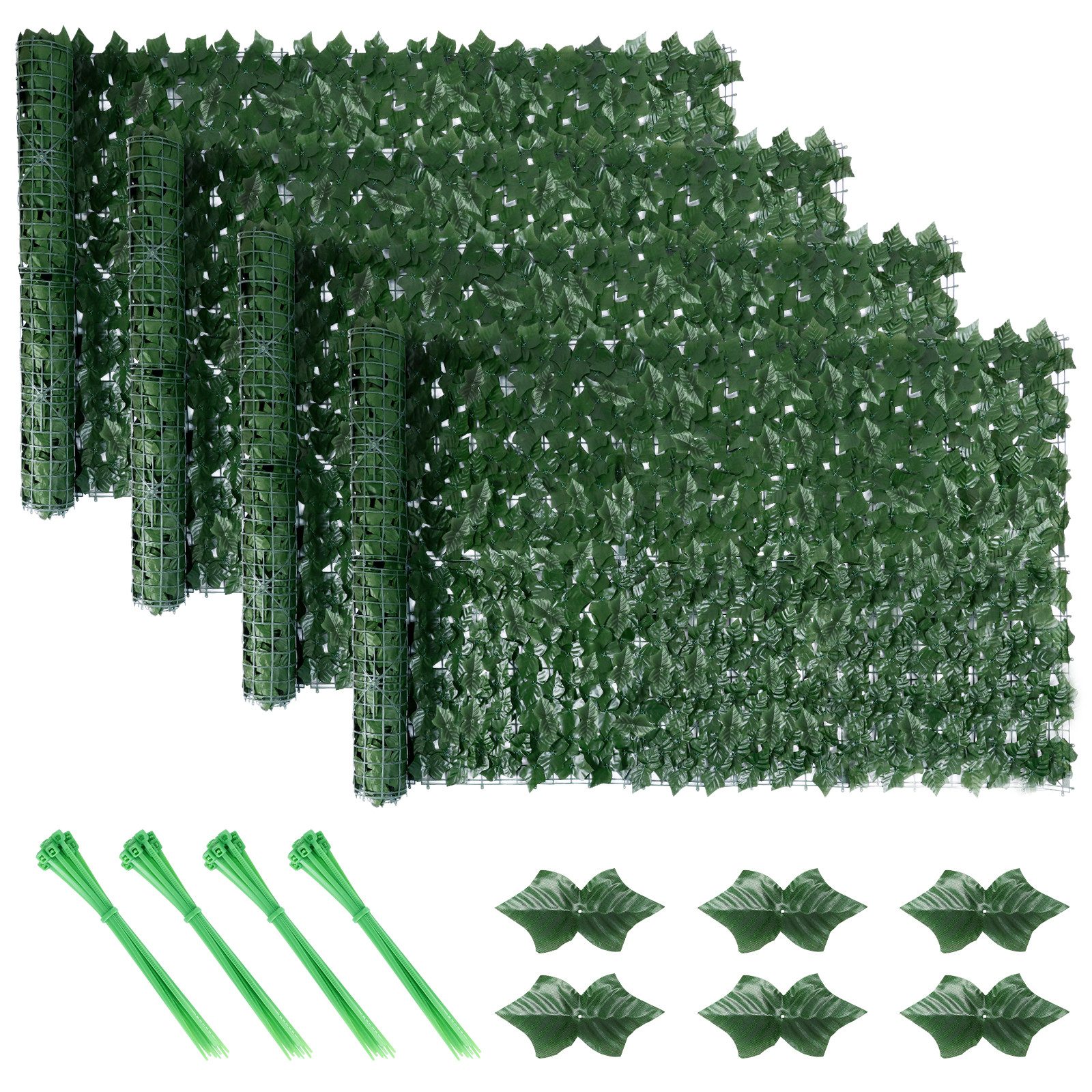 BlingBin Kunsthecken-Sichtschutz Balkonsichtschutz Kunsthecke 300 × 100 cm, Efeu-Optik, zuschneidba, (4er Set, 4-St., 4 Stück – je 300 × 100 cm / 12 m), künstliche grüne Hecke mit dichtem Blattwerk, flexibel zuschneidbar