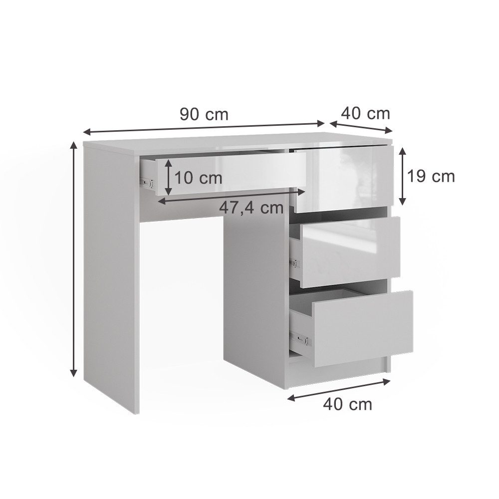 Vicco Schreibtisch Sherry, Weiß Hochglanz, 90 x 40 cm mit Schubladen (1-St)