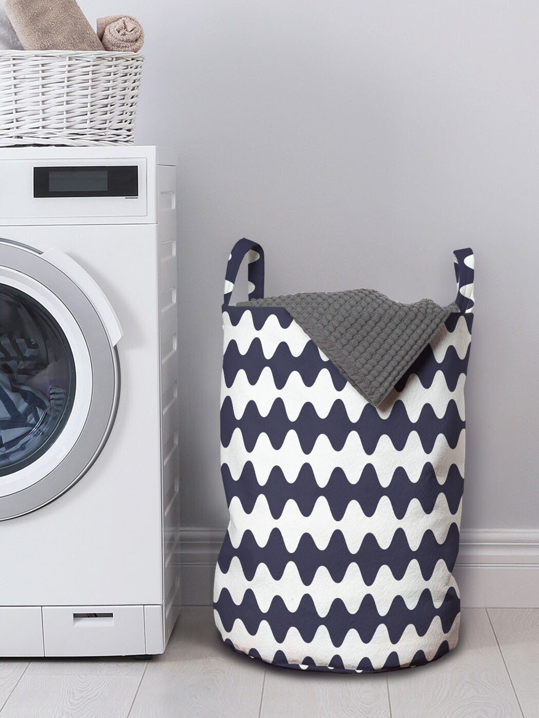 Griffen Waschsalons, gewellte mit Wäschesäckchen Motiv für Kordelzugverschluss Streifen Abstraktes Einfaches Abakuhaus Wäschekorb