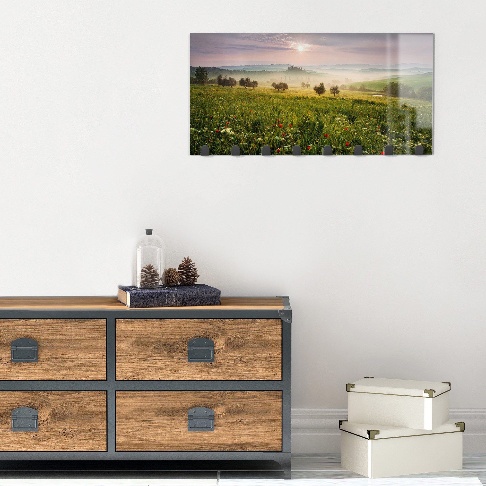 DEQORI Kleiderhaken 'Idyllisches Morgenlicht', Glas Garderobe Paneel magnetisch beschreibbar