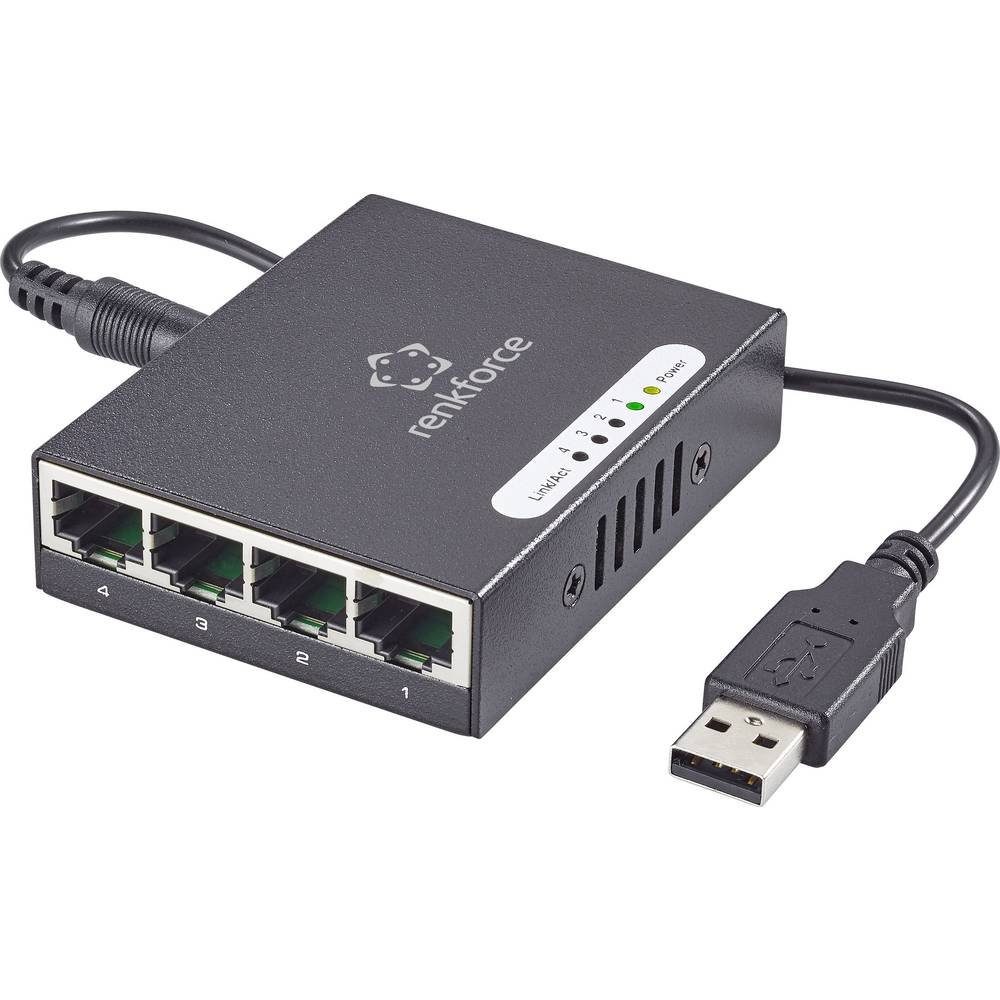 Renkforce 4 Port Gigabit mini Netzwerk-Switch (USB-Stromversorgung) Metall-Switch mit