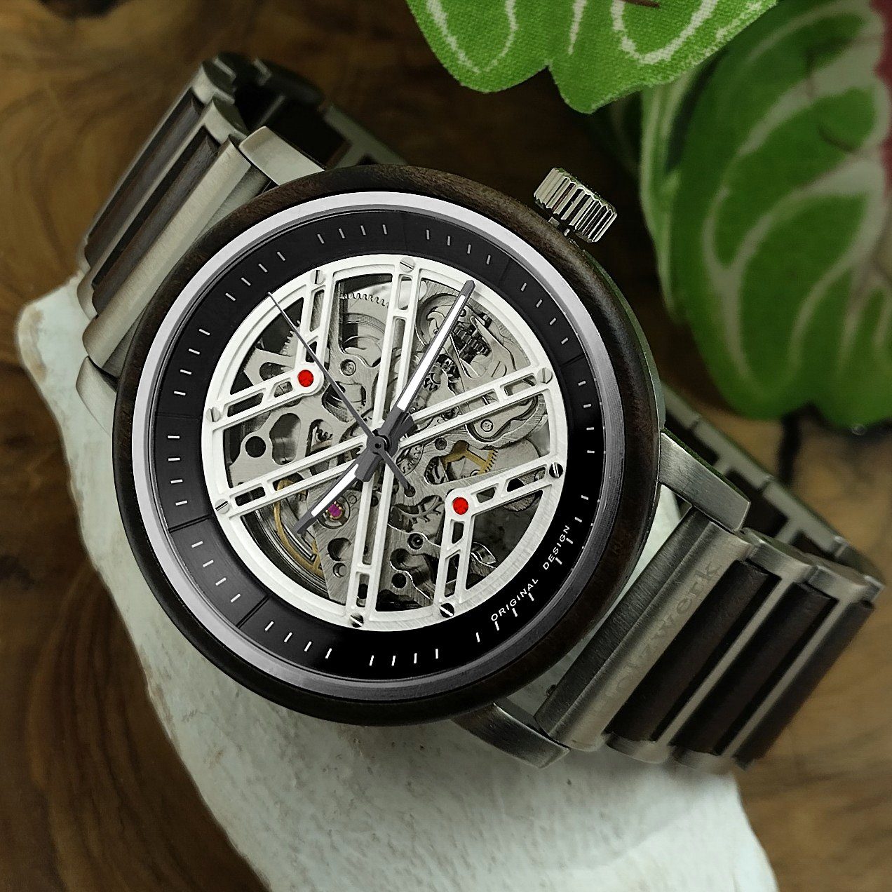 Herren silber, Edelstahl braun Armband Uhr, COCHEM Automatikuhr weiß, Holz matt & Holzwerk