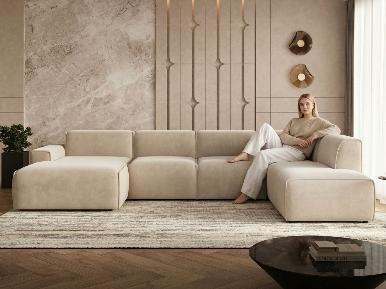 GrainGold Ecksofa U-Form Belluno, Set, Wellenfedern, Freistehendes, T30-Schaum, Modern Stil