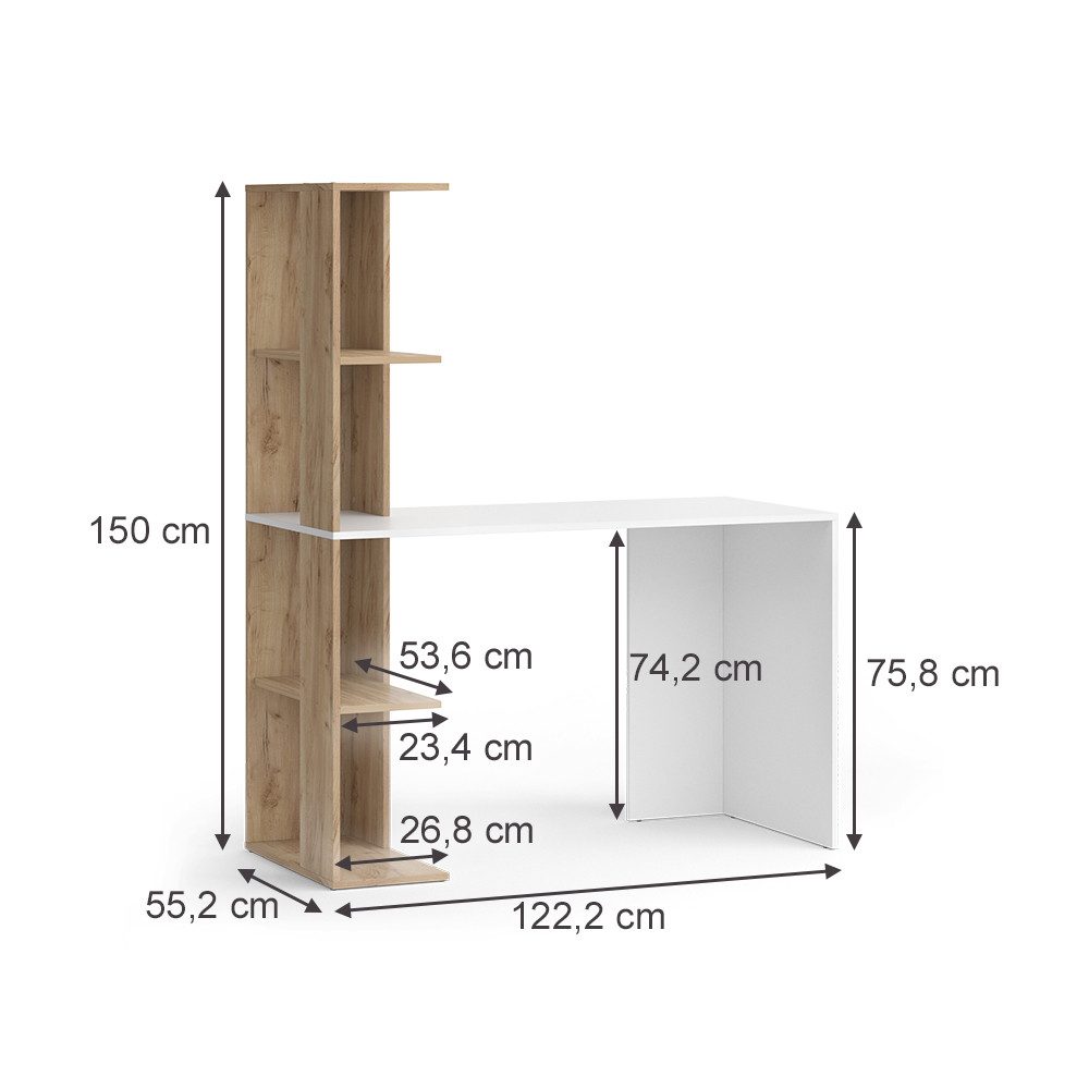 Vicco Schreibtisch Tower, Weiß/Sonoma, 122.2 x 55.2 cm mit 4 Fächern (1-St)
