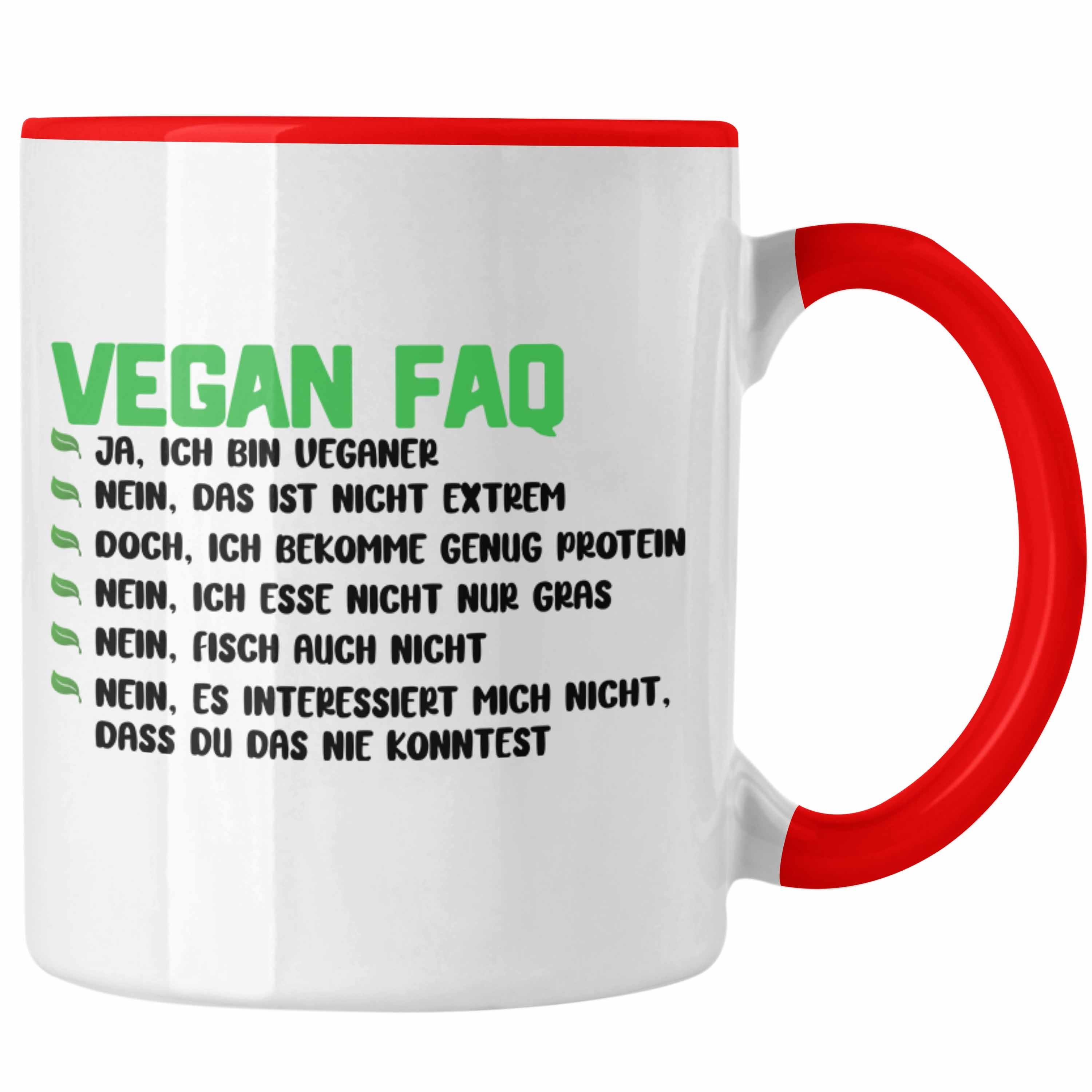 Trendation Tasse Trendation - Veganer Tasse Geschenk FAQ Vegan Geschenkidee Lustiger Spruch Vegane Lebensweise Rot