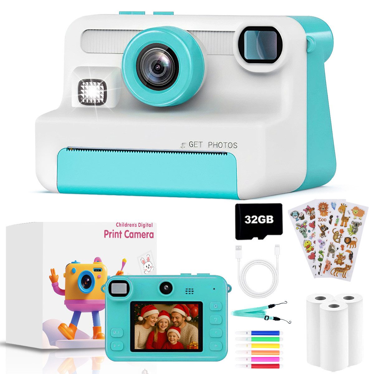 FOSMET Kinderkamera Sofortbildkamera,1080P 2,4" Display Digitalkamera Kinder Kinderkamera (30 MP, 8x opt. Zoom, inkl. Lustige Kinderspielzeug Geschenke für Jungen & Mädchen von 3-12 Jahren, 30MP Sofortbildkamera Kinder mit 32GB Karte & 3 Rollen Druckpapier)