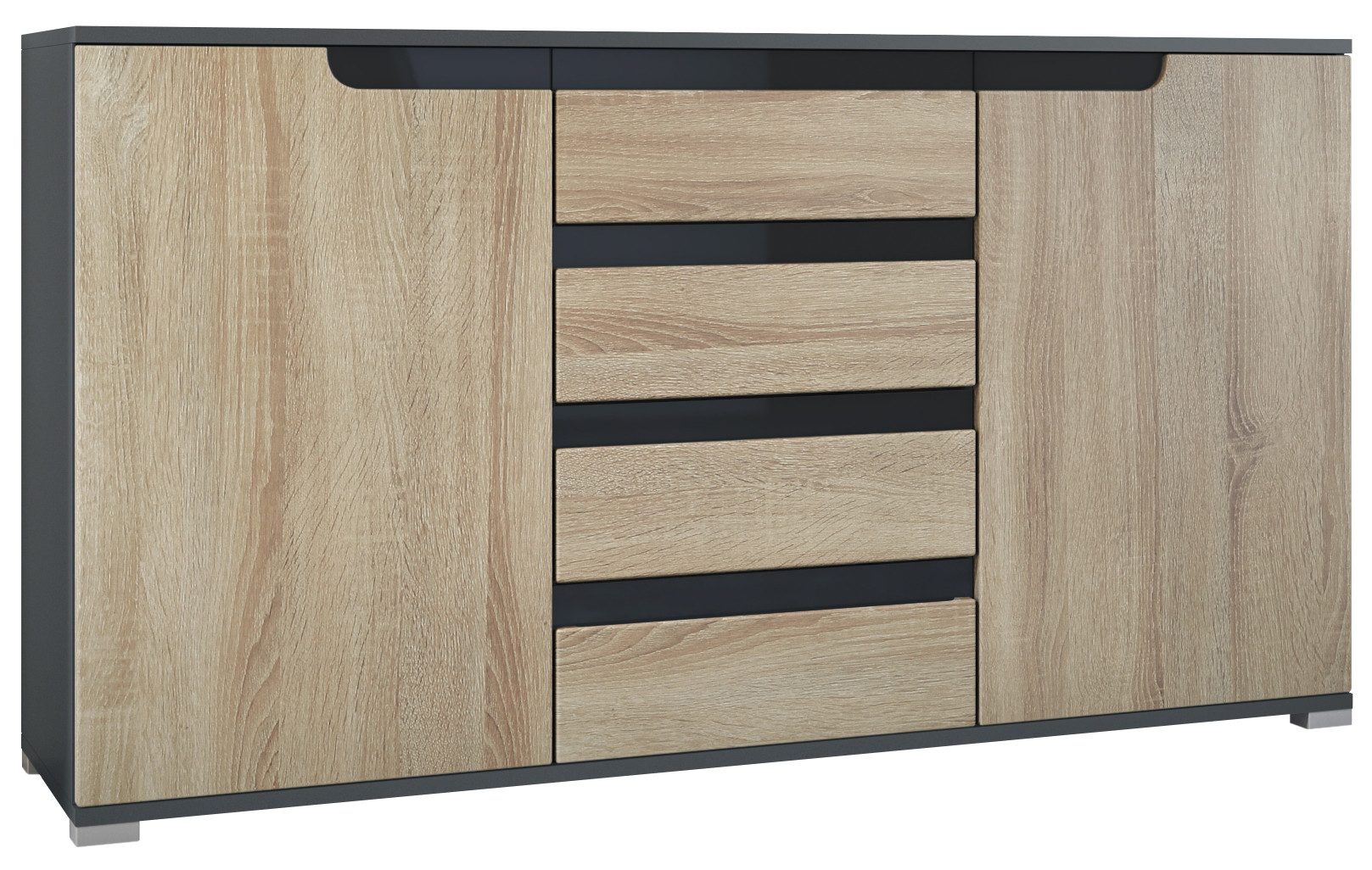 Vladon Sideboard Sylt V1 (Kommode mit 2 Türen und 4 Schubladen, Korpus - Anthrazit matt / Front - Eiche sägerau), Absetzung - Schwarz Hochglanz (138,5 x 75,5 x 35 cm)