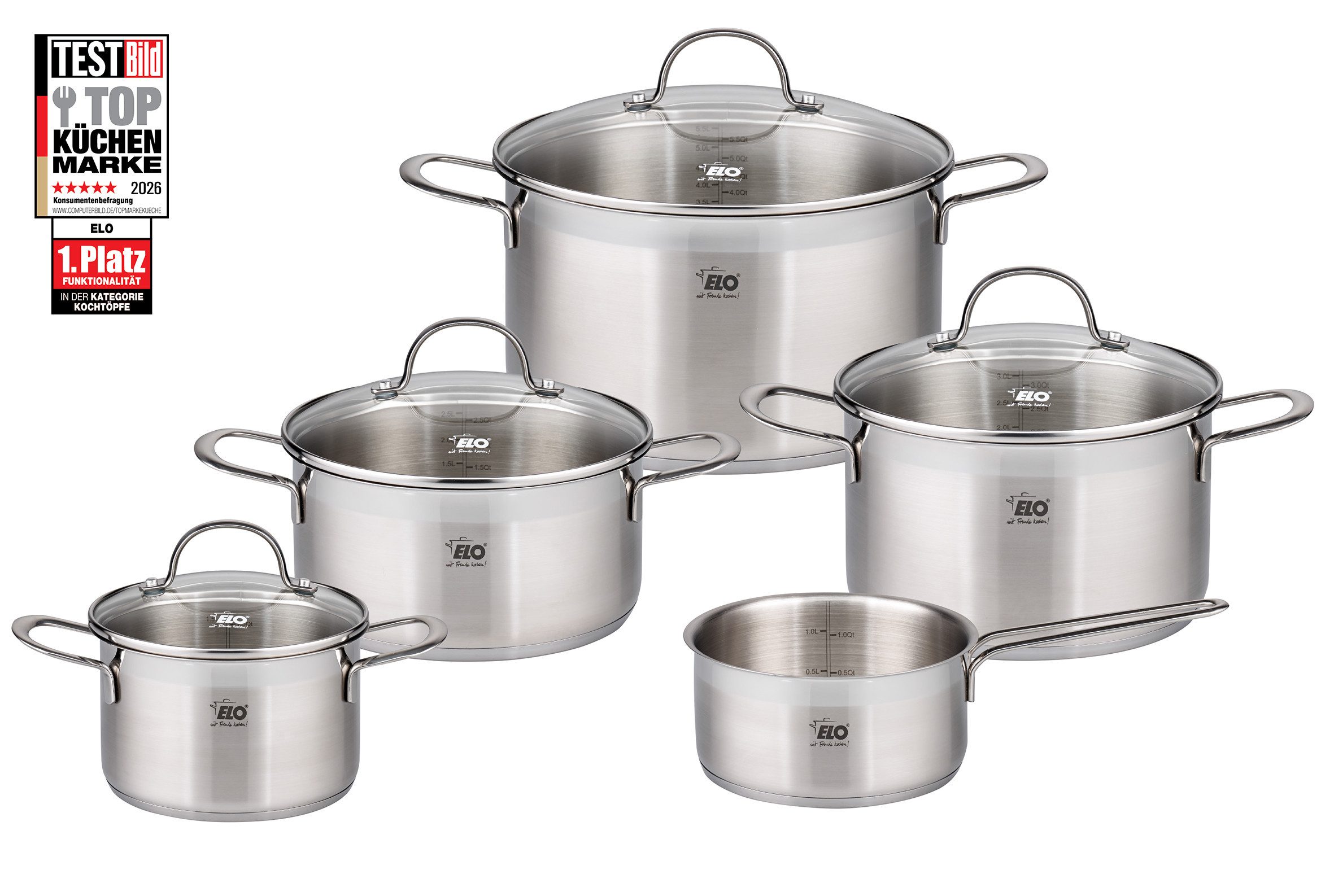 Elo Topf-Set Top Collection, Edelstahl 18/10 (Set, 9-tlg., je 1 Fleischtopf 16/20/24 cm, Bratentopf 20 cm, Stielkasserolle 16 cm), Induktion