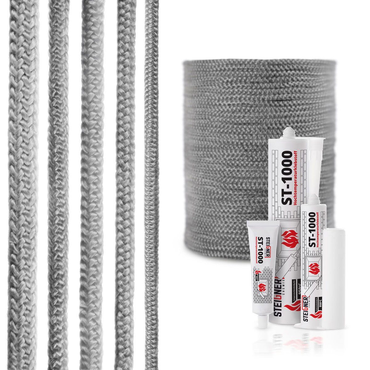 STEIGNER Dichtungsband STEIGNER Ofendichtschnur Kamindichtung aus GLASFASERN, (50m Rolle, 1-St., Ofendichtschnur + Montagekleber), hitzebeständig bis 550°C, feuerfestem Montagekleber, 50m, 6mm, SKD02