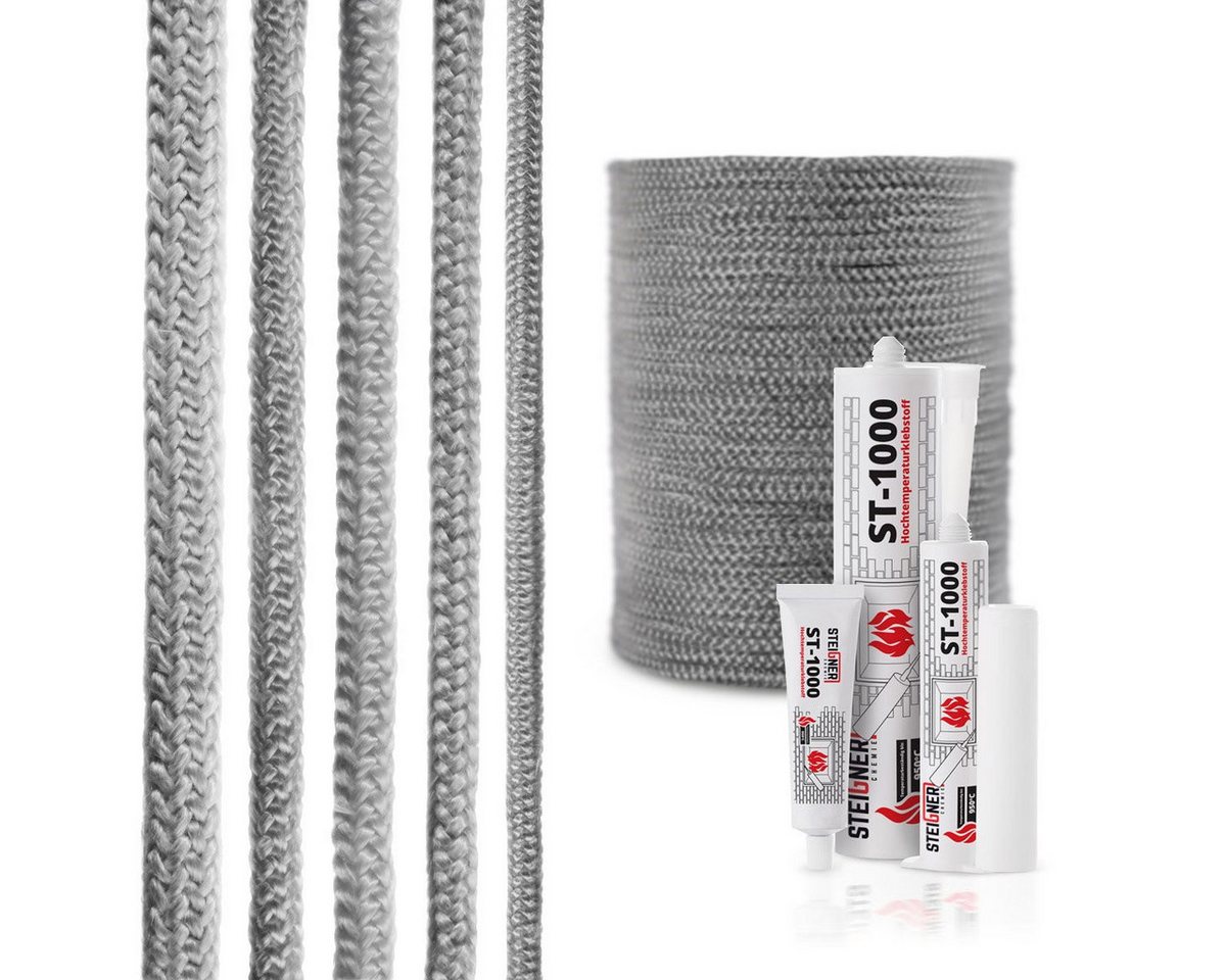 STEIGNER Dichtungsband STEIGNER Ofendichtschnur Kamindichtung aus GLASFASERN, (1m Rolle, 1-St., Ofendichtschnur + Montagekleber), hitzebeständig bis 550°C, feuerfestem Montagekleber, 1m, 6mm, SKD02