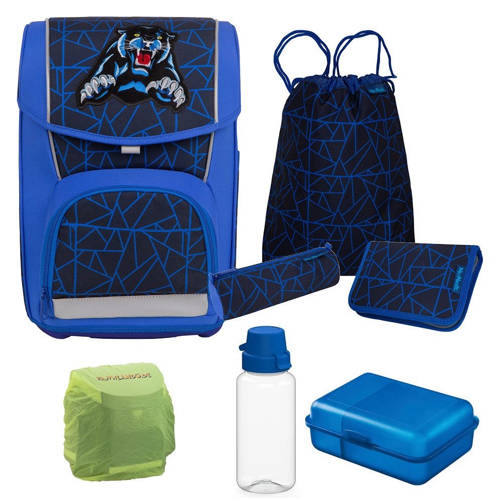 McNeill Schulranzen Basic WILD Schultaschen-Set Blau (Set, 7-tlg., inkl. Federmäppchen (gefüllt) Brotdose und Trinkflasche), 960 Gramm leicht; 21L Volumen; wasserabweisend