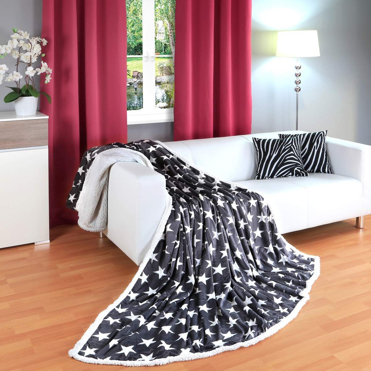 Wohndecke Sternendecke Kuscheldecke in Lammfell-Optik verschiedene Größen, Gräfenstayn, Motiv Stern Tagesdecke Flanell Mikrofaser-Flausch – Bild 5 von 5